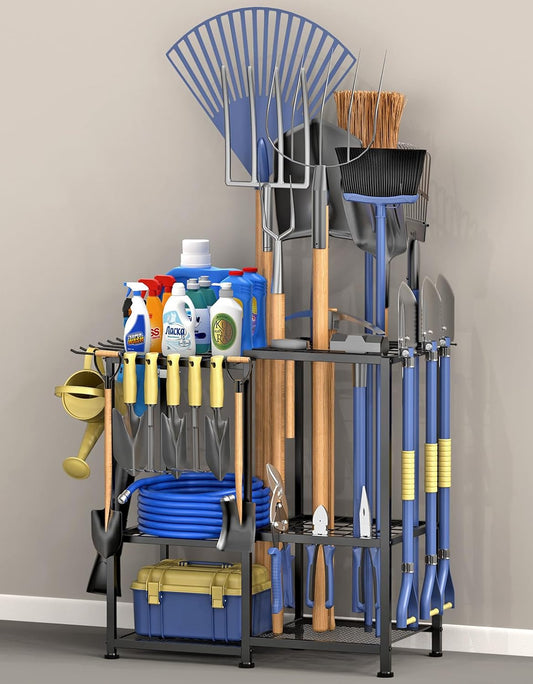 Garden Tool Organizer, Metal Yard Tool Organizer,Holds 70 Long-Handled Tools/Rakes/Brooms,Side Garden Pocket,Heavy Duty Steel Yard Tool Storage Rack for Garage,Shed, Outdoor(Black-Large)