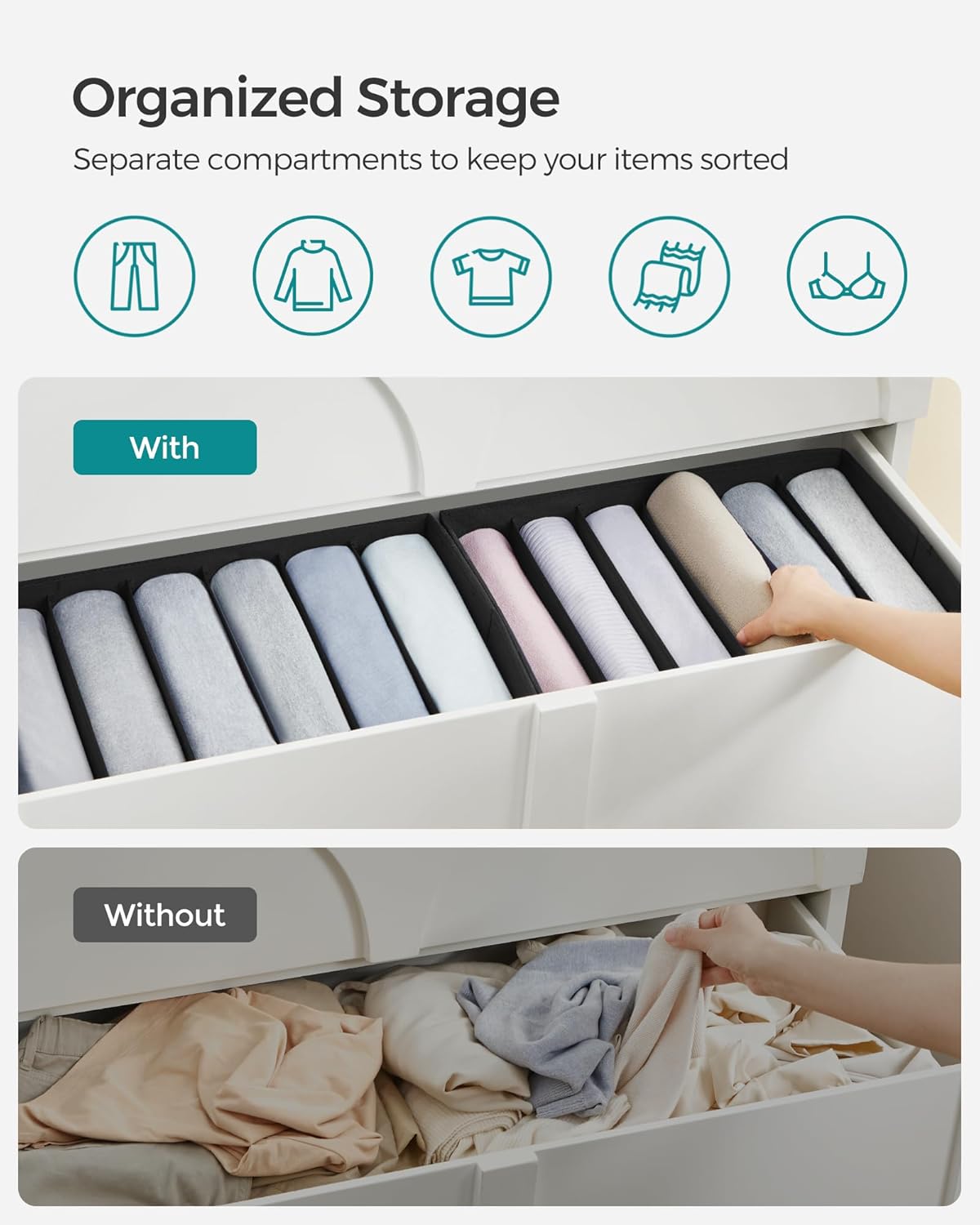 SONGMICS Set of 4 Large Size Wardrobe Clothes Organizers, 6-Compartment Foldable Drawer Organizers with Handles, 16.5 x 11.8 x 6.7 Inches, for Pants, Sweaters, Jeans, Ink Black URUS009B04