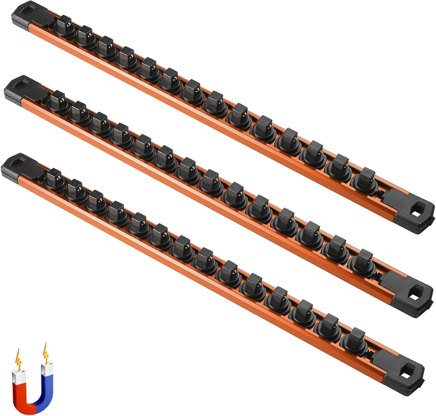 ALOANES 3-Piece Magnetic Socket Organizer, Heavy Duty Aluminum Socket Rails Organizer, 360° Swivel Clips Socket Holder Kit for Tool Box, 3/8-Inch Socket Holder x 42 Clips (Orange)