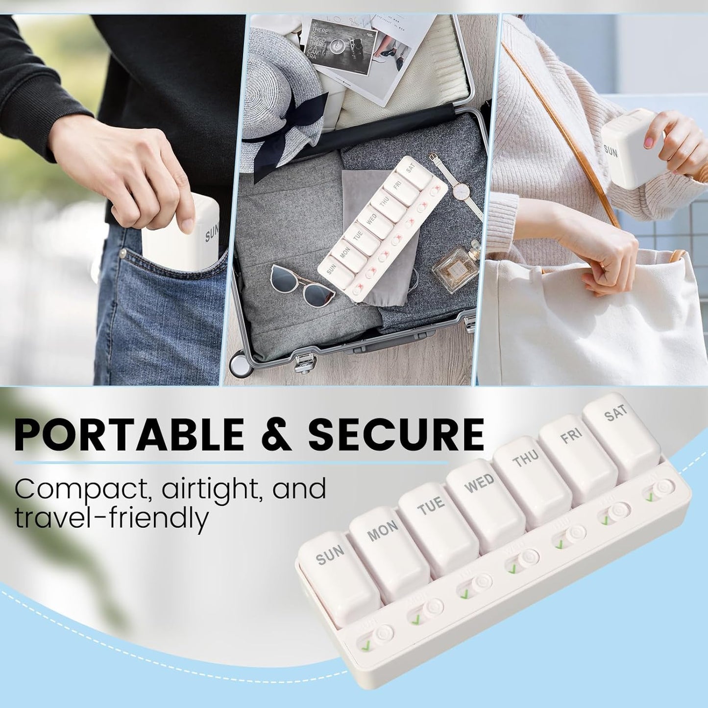 Pill Organizer Easy-Slide Lid, Removable 7 Day 1 Time a Day Pill Box, Large Travel Pill Case, Week Once Daily Medication Dispenser, Pill Container Holder for Supplement, Vitamin, White