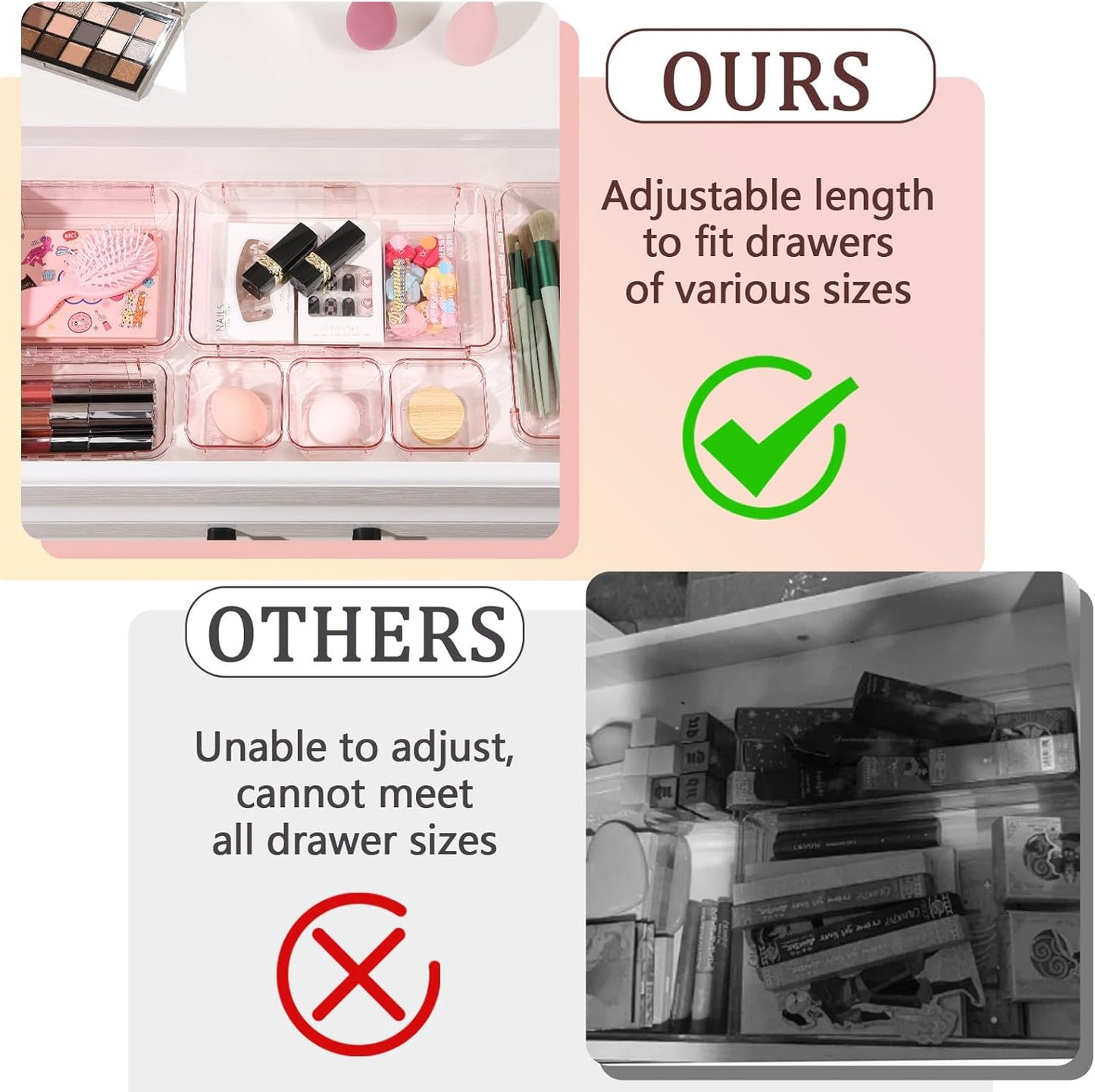 20 Pcs Adjustable Clear Drawer Organizer, Extendable Vanity Storage Bins, Desk Drawer Organizer Set for Makeup, Cosmetics, Bedroom, and Gadgets, Pink