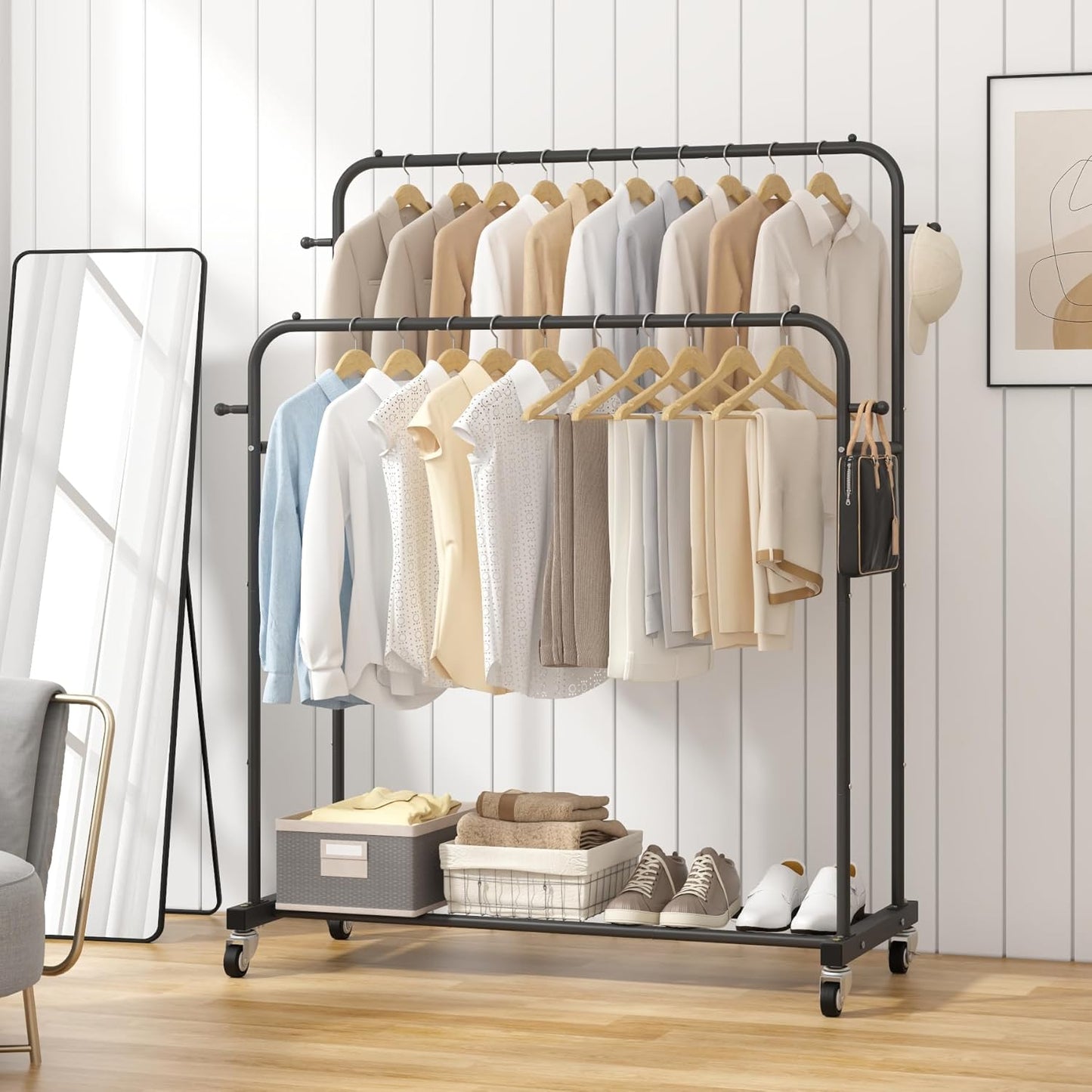 Laiensia Double Rods Garment Rack with Wheels, Clothing Rack for Hanging Clothes,4 Hooks, Multi-functional Bedroom Clothes Rack, Black
