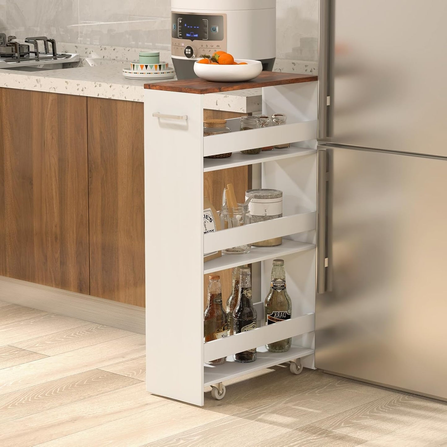 LOKO 4-Tier Rolling Storage Cart, 8 Inches Slim Kitchen Cart on Wheels with Open Shelves & Handle, Laundry Room Cart Between Washer and Dryer, for Bathroom Next to Fridge (White & Rustic Brown)