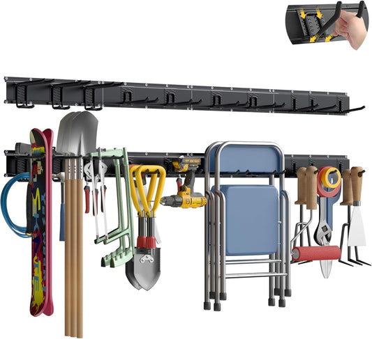 Garage Tool Organizer Wall Mount with 64 inches Rails and 10 Adjustable Heavy-Duty Hooks, Garden Tool Organizer, 14 Pack Carries 630 lbs, Heavy Duty Garage Storage Rack For Yard, Shed, Easy to install