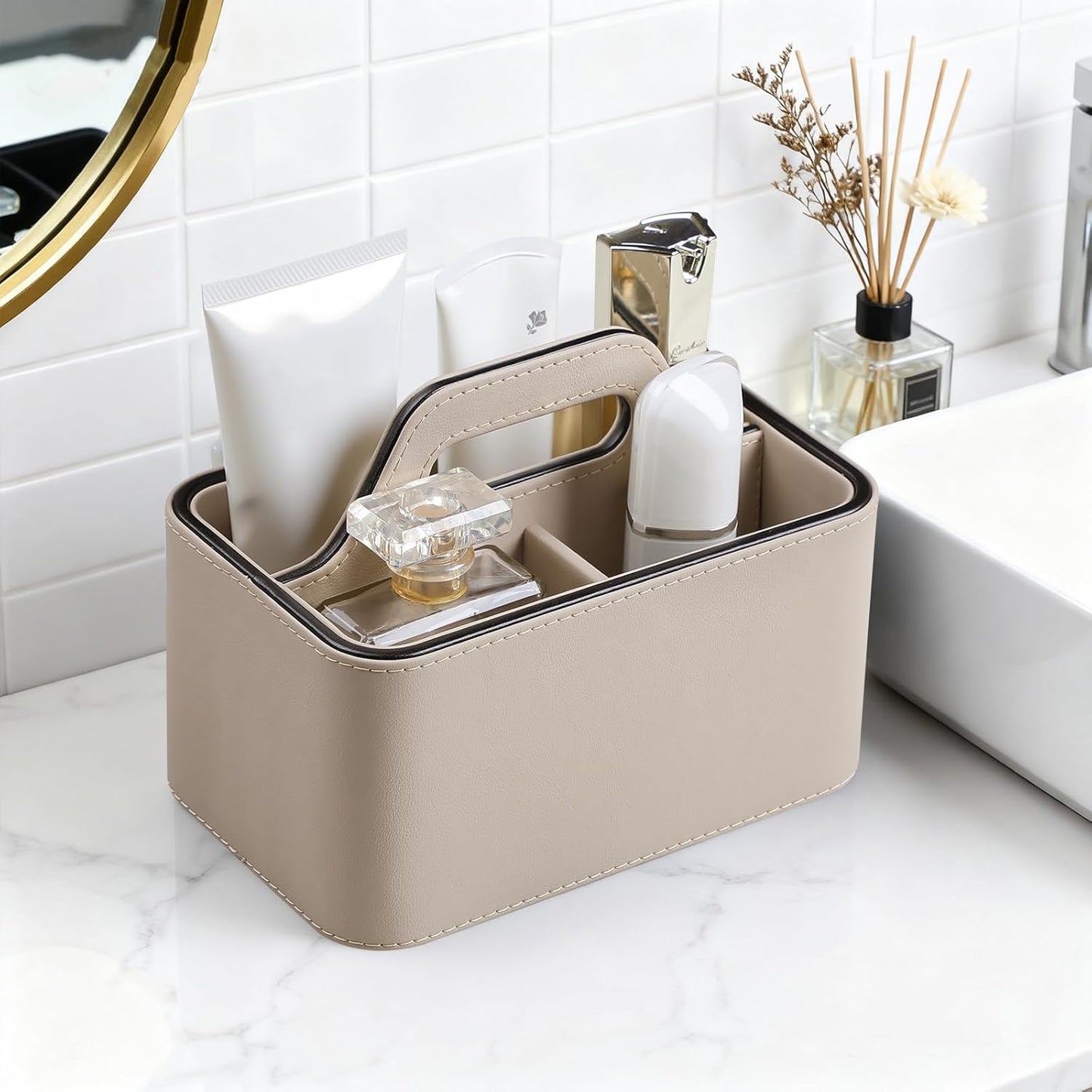 Caddy Organizer with Handle, PU Leather Remote Control Holder Desk Caddy, Portable Makeup Office Supply Organizer for Bathroom, Nightstand, Dresser (Beige)