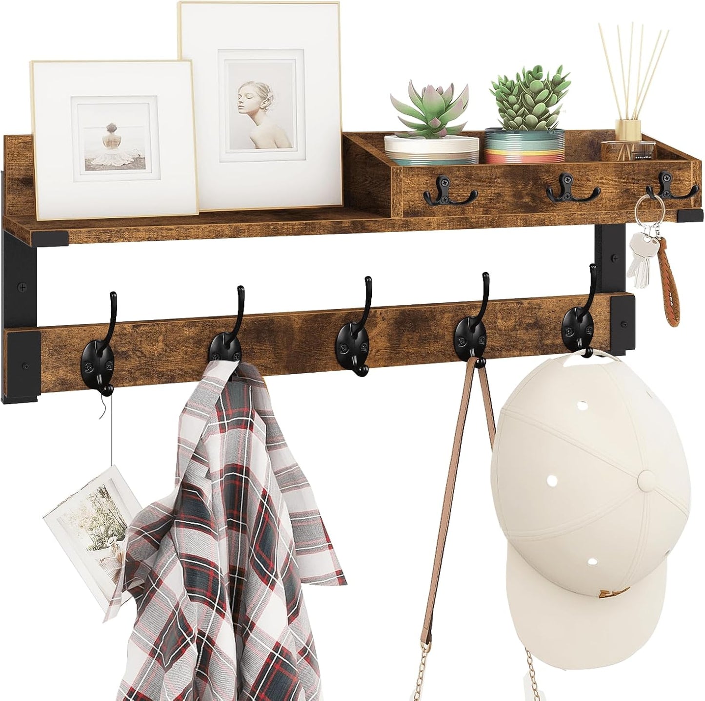 Homode Coat Rack with Shelf, Wall Shelf with Hooks, 26 Inch Long Coat Hanger Wall Mount with Key and Mail Holder, Wood Entryway Shelves for Hanging Hat Jacket Backpack Purse, Rustic Brown Black