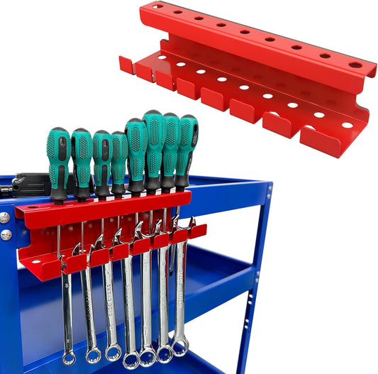 MUTUACTOR Magnetic Wrench Holder Heavy Duty,Anti-scratch Magnetic Mount Screwdriver Holders, 2 Layers Wrench Screw Drivers Holder for Work Bench Toolbox Tool Cart,1PCS,Red,9 Holes and 7 Slots