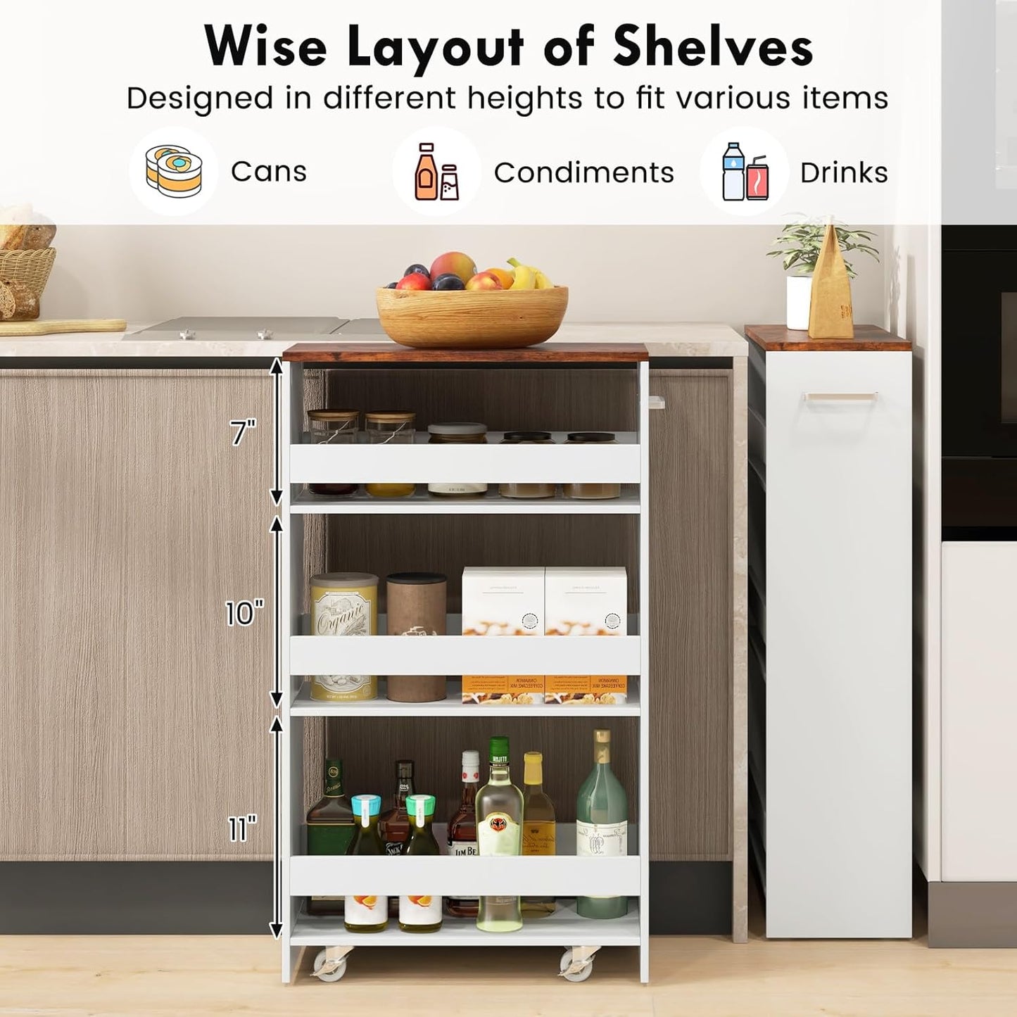 LOKO 4-Tier Rolling Storage Cart, 8 Inches Slim Kitchen Cart on Wheels with Open Shelves & Handle, Laundry Room Cart Between Washer and Dryer, for Bathroom Next to Fridge (White & Rustic Brown)