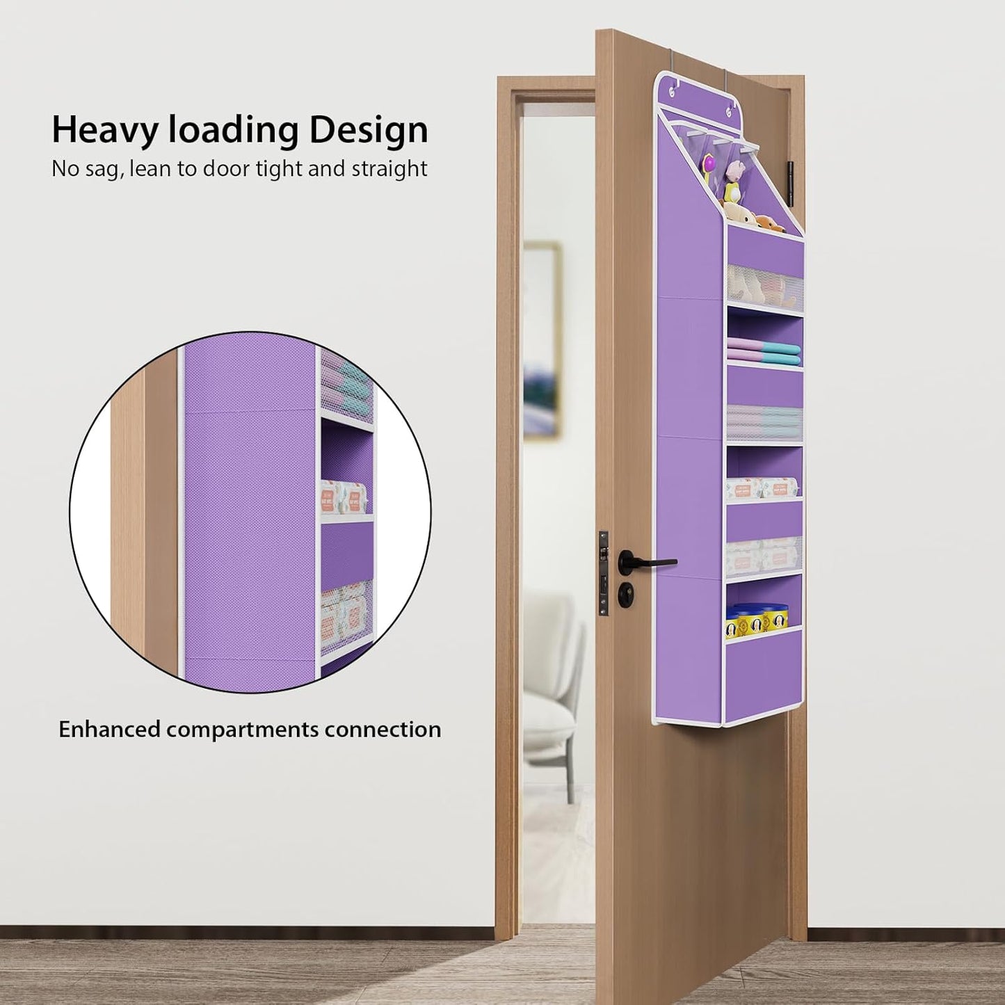 Univivi 5-Shelf Fabric Door Storage Over Door Hanging Organizer with 4 Large Pockets and 3 Small PVC Pockets Nursery Closet Cabinet Wall Mount Hanging Storage Organizers for Baby Nursery (Purple)