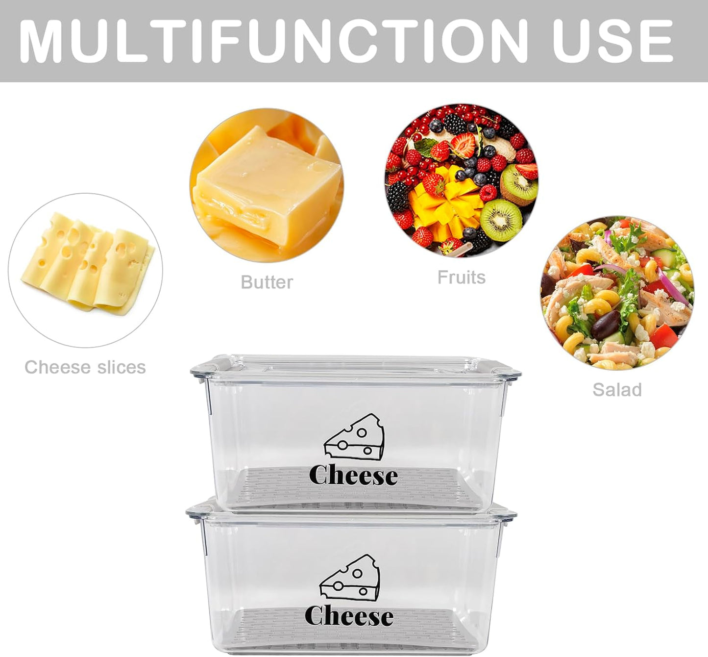 Cheese Holder Food Storage, Airtight Cheese Storage Box with Lid- Non Toxic, Lunch Meat Storage Sandwich Ham Cheeses Salami Sliced Turkey for Refrigerator to Keep Food Fresh,Clear-2Pack