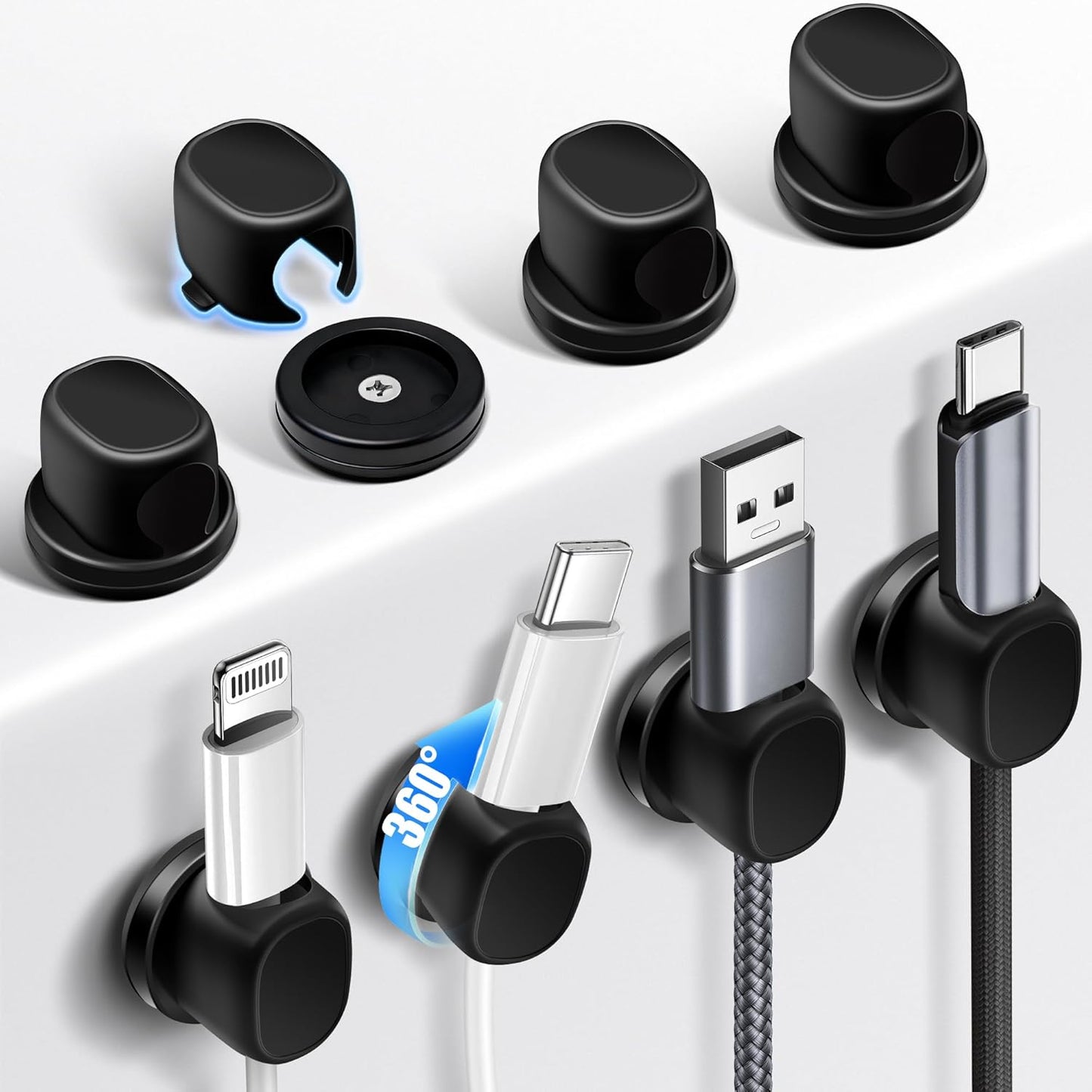 8 Pack Cord Organizer, Ω-Shaped Rotatable Cable Clips, Strong Adhesive Cable Management with Nails, Cord Holder for Nightstand, Desk, and Wall (Black)