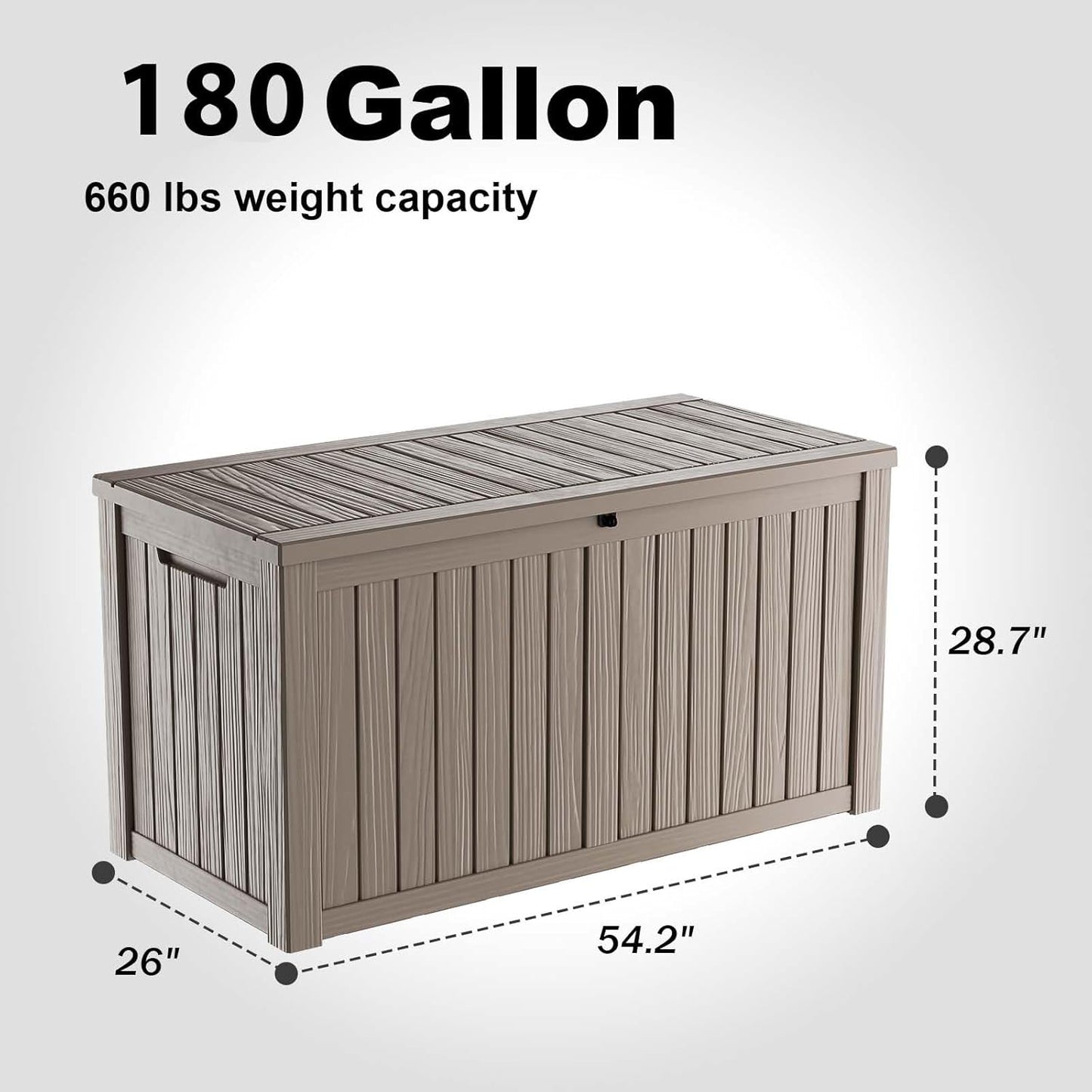 180 Gallon Resin Deck Box, Lockable Patio Outdoor Storage Box for Furniture, Garden Tools and Tools Storage, Waterproof Outside Storage Boxes - Grey