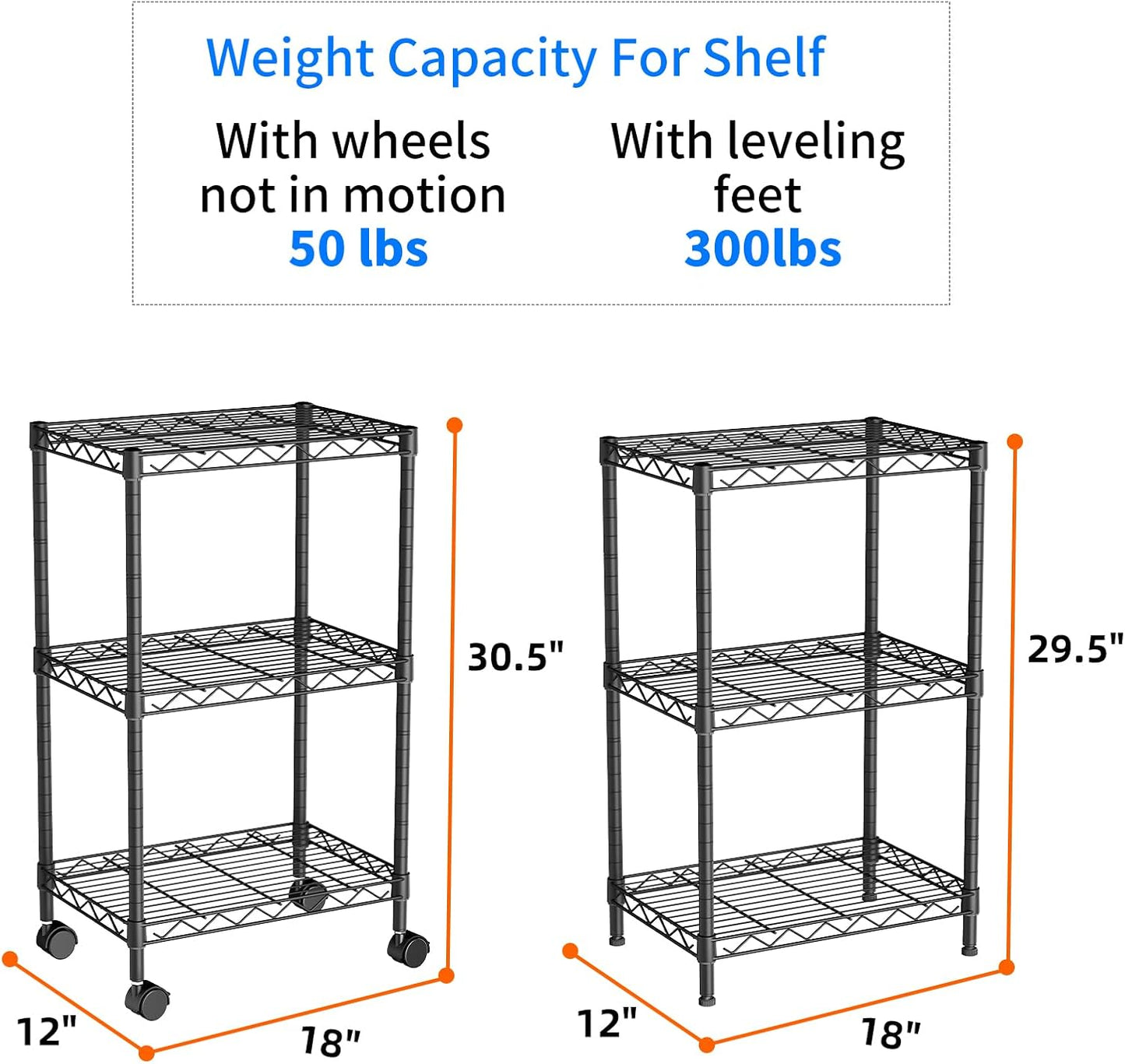 Small 3 Tier Shelves Storage Wire Shelving Unit Metal Shelf Adjustable Organizers Storage Shelving with Wheels for Bathroom Laundry Room Kitchen Pantry12”D x 18”W x 30.7”H Black