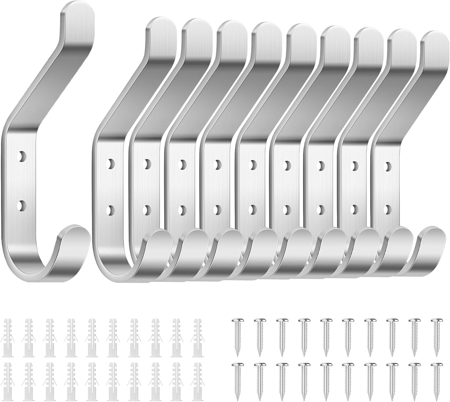 10-Pack Coat Hook for Hanging, 20LB (Max), Stainless Wall Hooks for Towel, Hat, Backpack, Key, Clothes, Wall Mounted Coat Hanger for Closet, Metal, Silver 3.75“