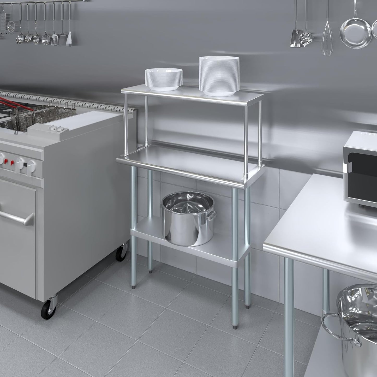 Stainless Steel Work Table with Wide Single Tier Overshelf | Metal Kitchen Prep Table & Shelving Combo (14" x 36" Work Table + 12" Overshelf)