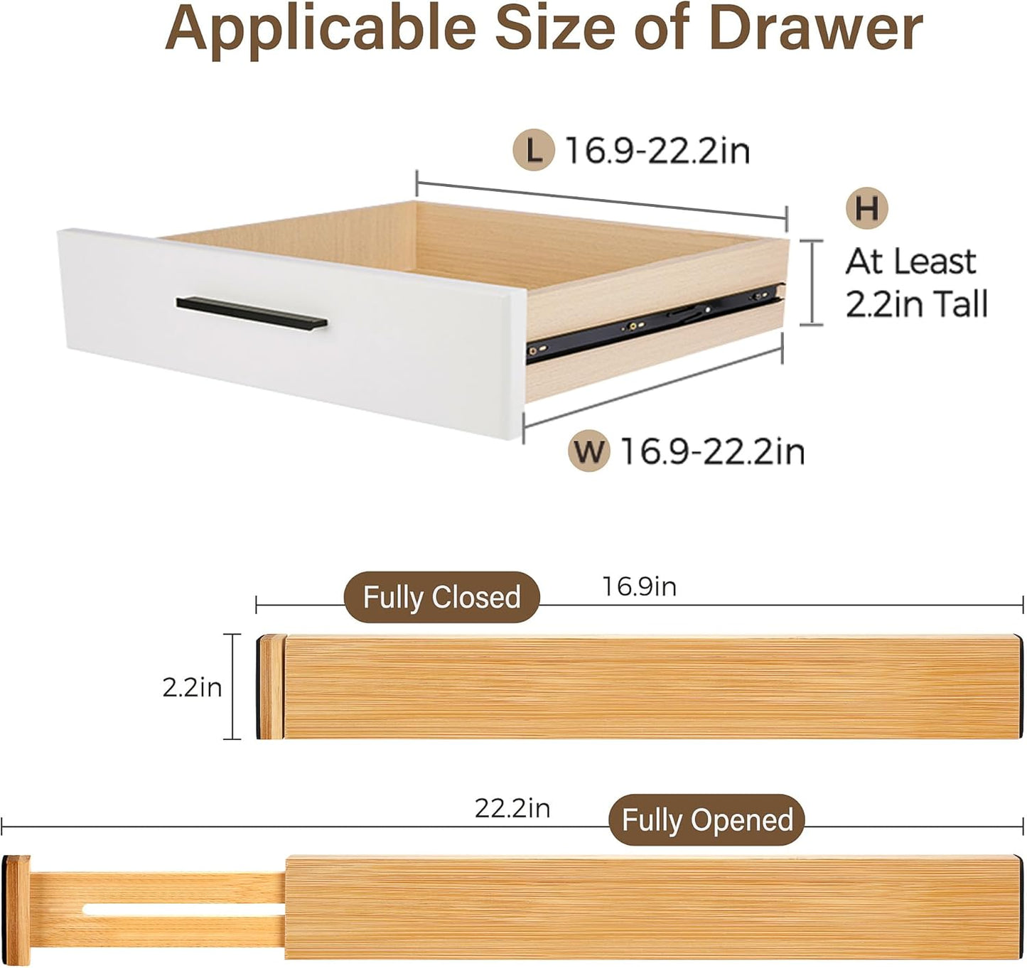 Bamboo Drawer Divider Set of 8, Adjustable Spring-Loaded Drawer Organizer (16.9"-22.2"), 2.3" Height, Suitable for Kitchen, Desk, Bathroom, Clothing, and Miscellaneous Drawer Organization, Natural