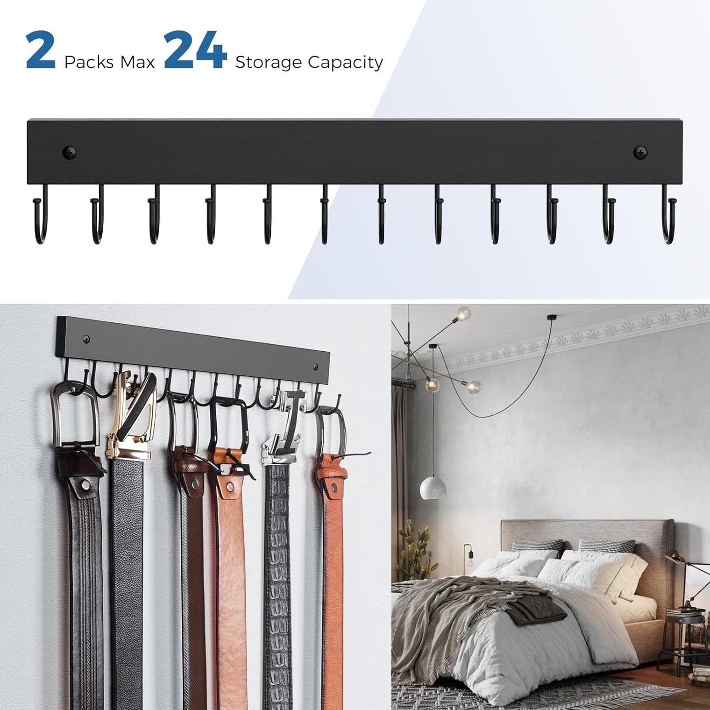 Belt Hanger Wall Mounted, Wooden Belt Organizer 2 Pack Max 24 Storage Capacity, 180° Rotating Space Saving Hangers for Ties, Tank Tops, Scarves, Bras, Keys, Bags Halloween Black