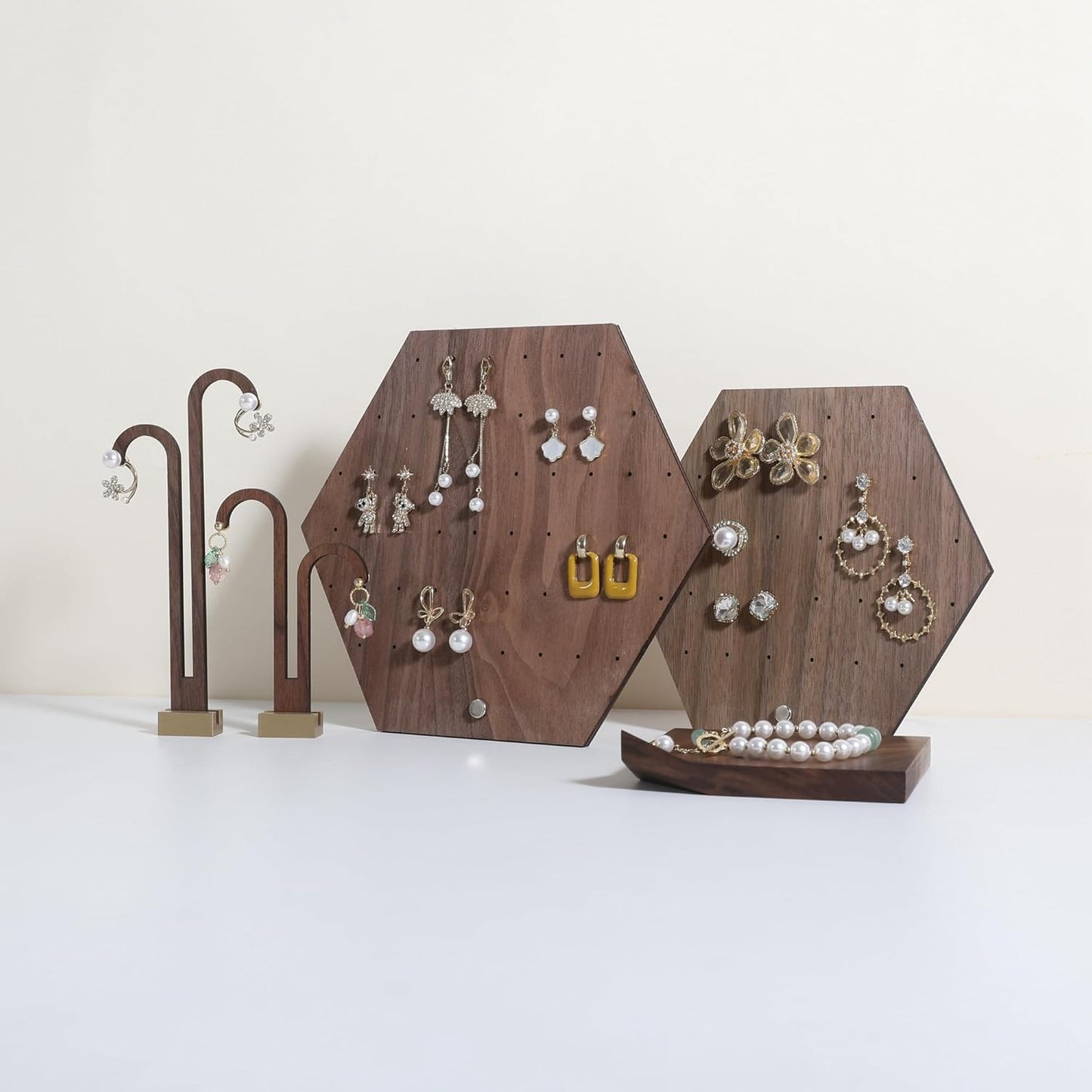 GemeShou Hexagonal Earring Organizer stand, Walnut Plywood Jewelry Display Board for Hanging earring studs, Perfect for Storing and Showcasing Your Jewelry Collection【Set of Two Size】