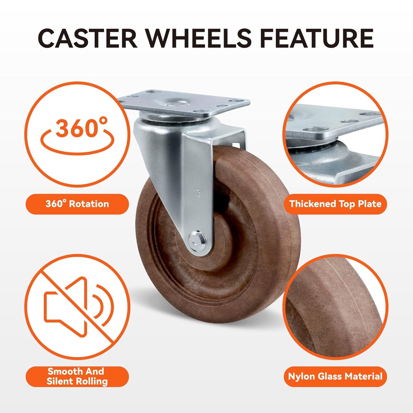 5" Hi-Temp Glass FiIled Nylon Casters, Heavy Duty Casters Set of 4, Industrial Caster Wheels for Commercial Kitchen, Bakery - 2800 lbs Capacity(2 Swivel & 2 Rigid)