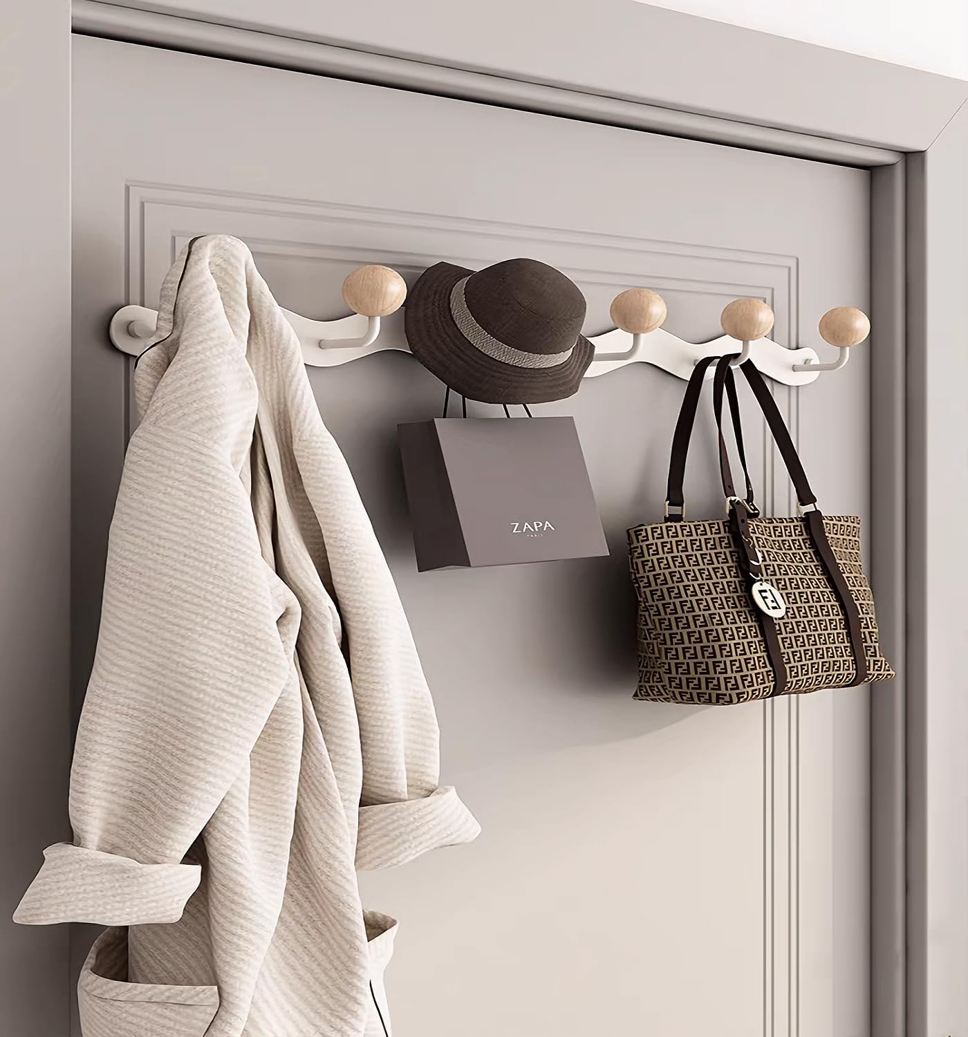 Coat Rack Wall Mount,White Wall Hooks Adhesive & Screw in,Anti-Tear Wooden Ball Hook Rail, Heavy Duty Metal Coat Hanger Wall Mount for Entryway, Bathroom, Bedroom, Kitchen 2PACK(6-tri Hooks)