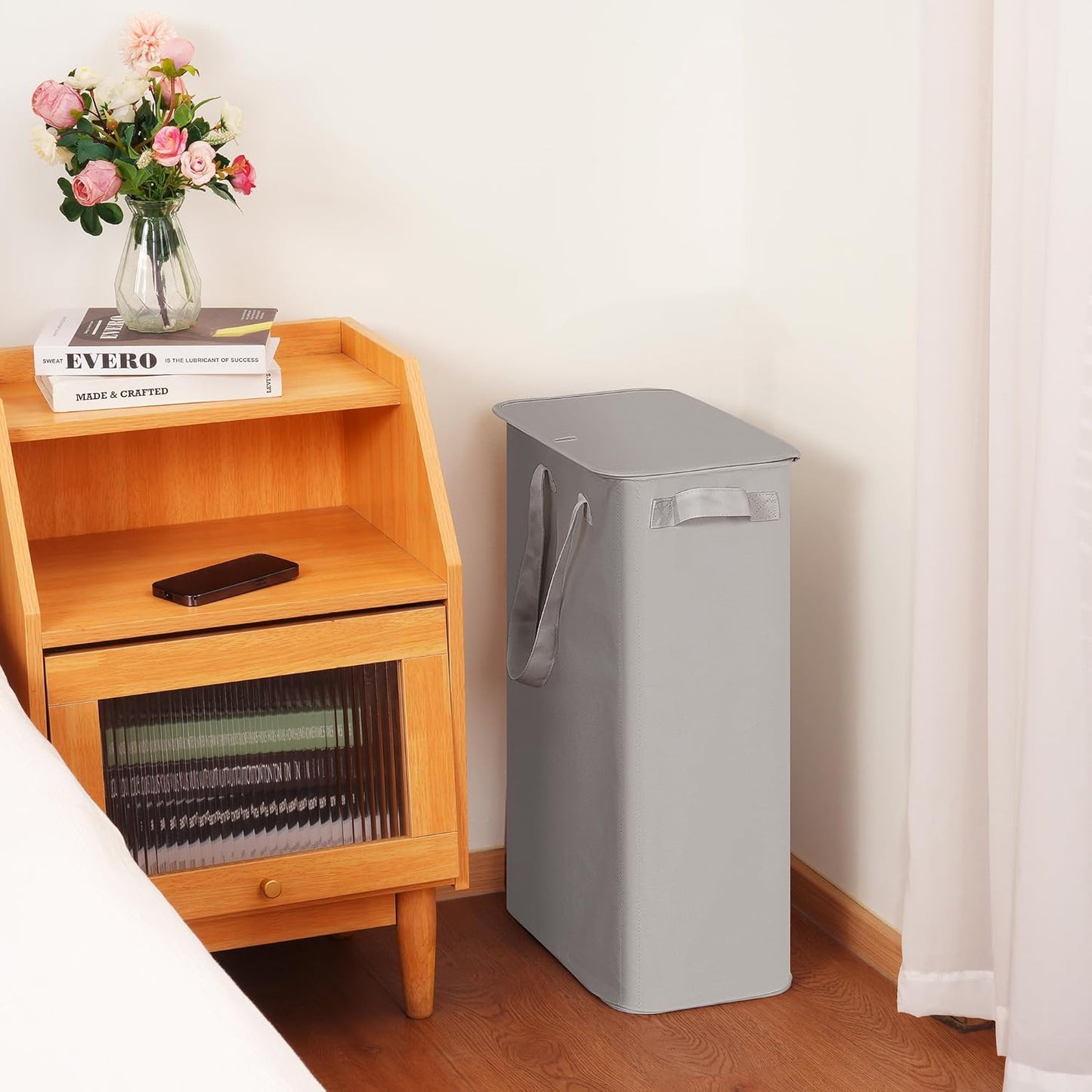 efluky Slim Laundry Basket with Lid, Narrow Laundry Hamper with Handles, Collapsible Dirty Clothes Hamper, Tall Laundry Bin for Laundry Room, Dorm and Bedroom, 55L Grey