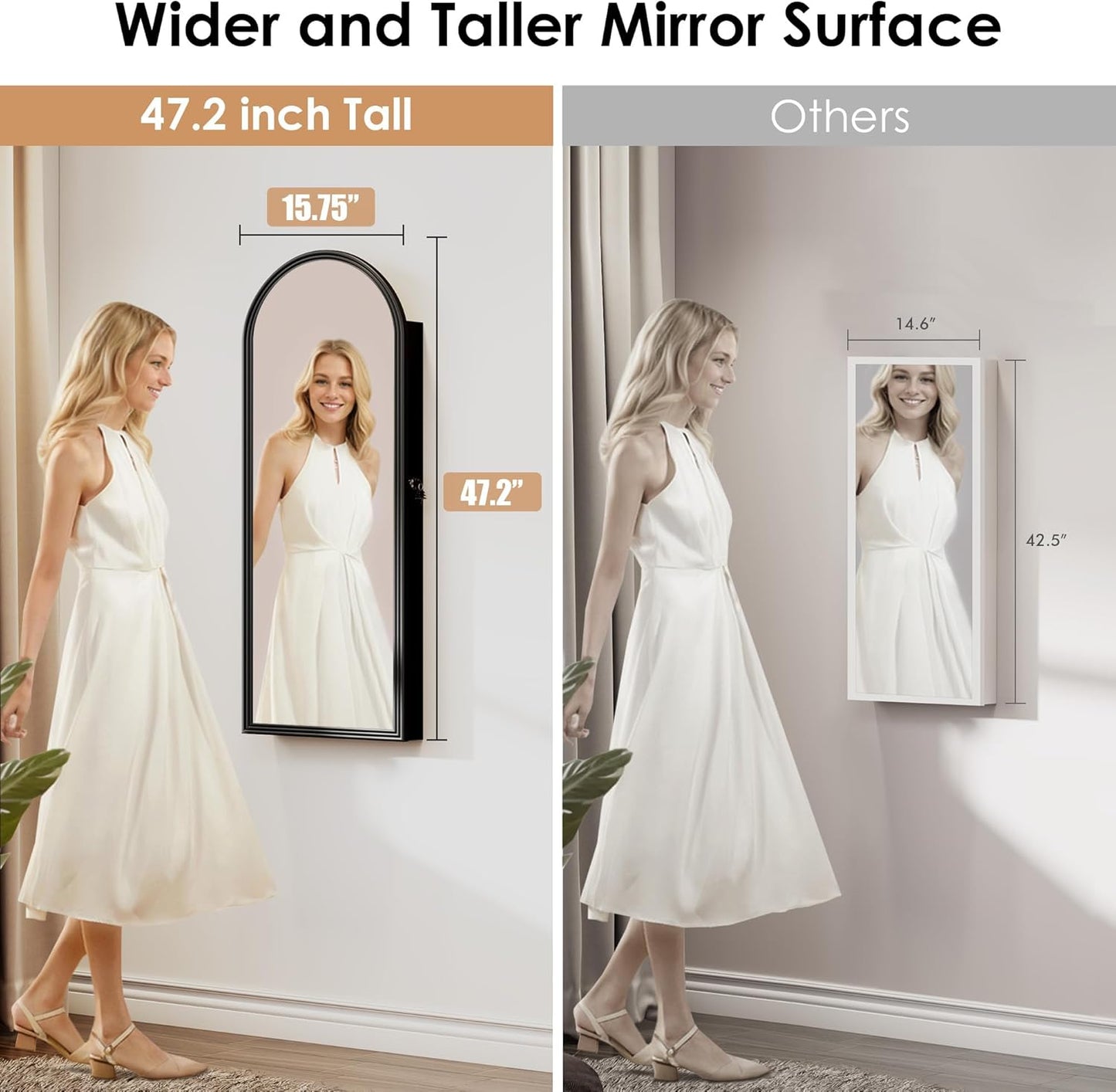 47in Tall Jewelry Cabinet Organizer, Arched Wall or Door Mounted Jewelry Armoire with Full-Length Mirror, 6 LEDS Lockable Hanging Mirror Cabinet with Storage, 2 Drawers, Women Girls Gifts,Black