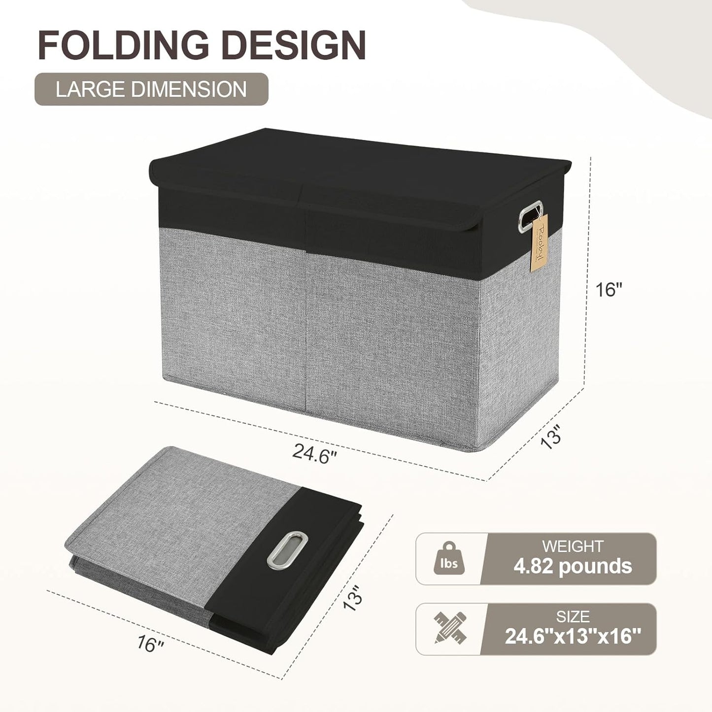 Large Toy Box with Flip-Top Lid, Collapsible Storage Organizer Bins with Dividers and Handles, Kids Bin Chest Baskets for Toys, Playroom Organizers, Nursery 25"x13" x16" (Balck & Gray)