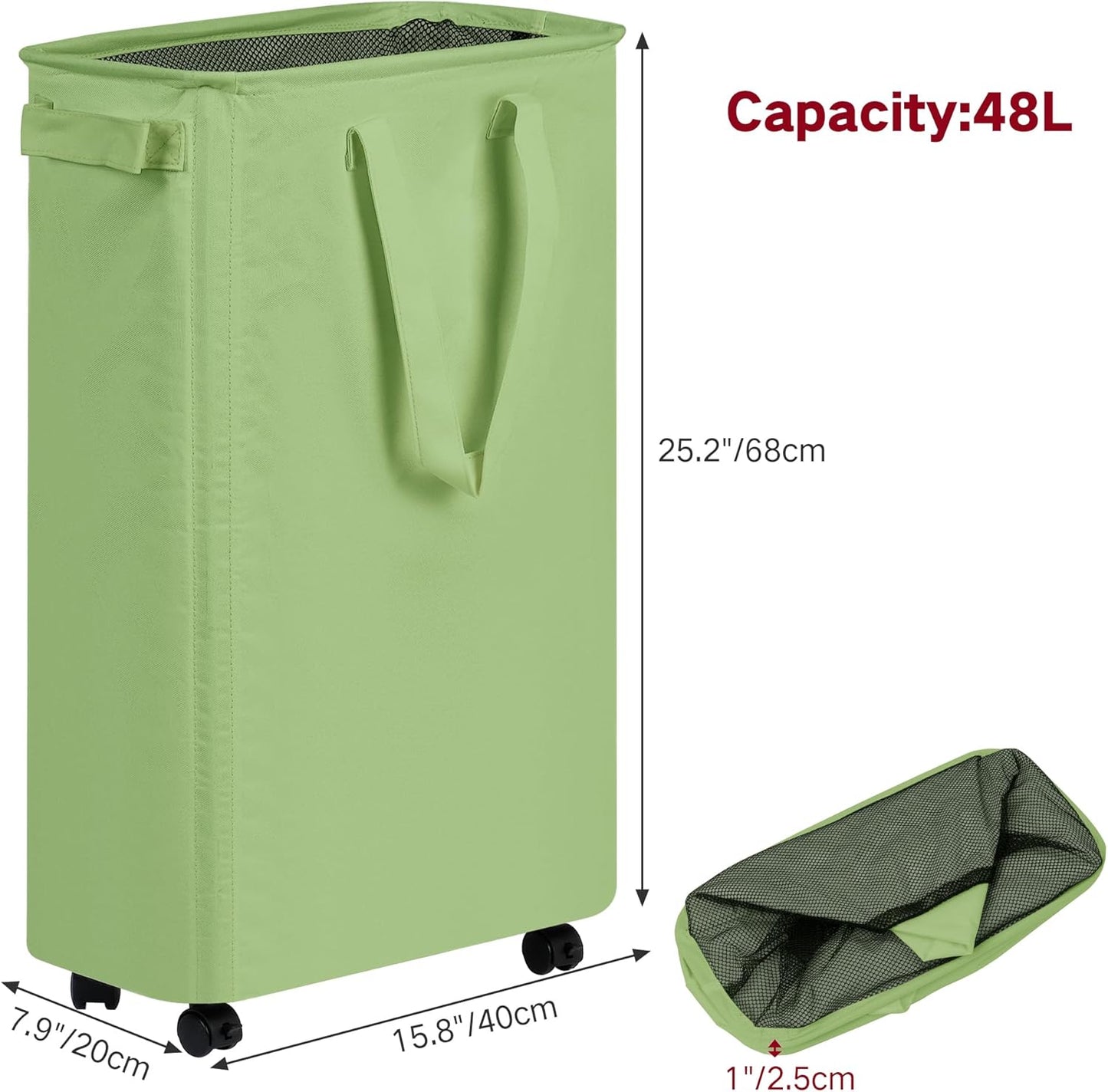 efluky Slim Laundry Hamper with Wheels, Rolling Laundry Basket for Clothes, Small Laundry Basket for Bedroom, Dorm and Laundry Room, 60L (12.7 Gallons) Green