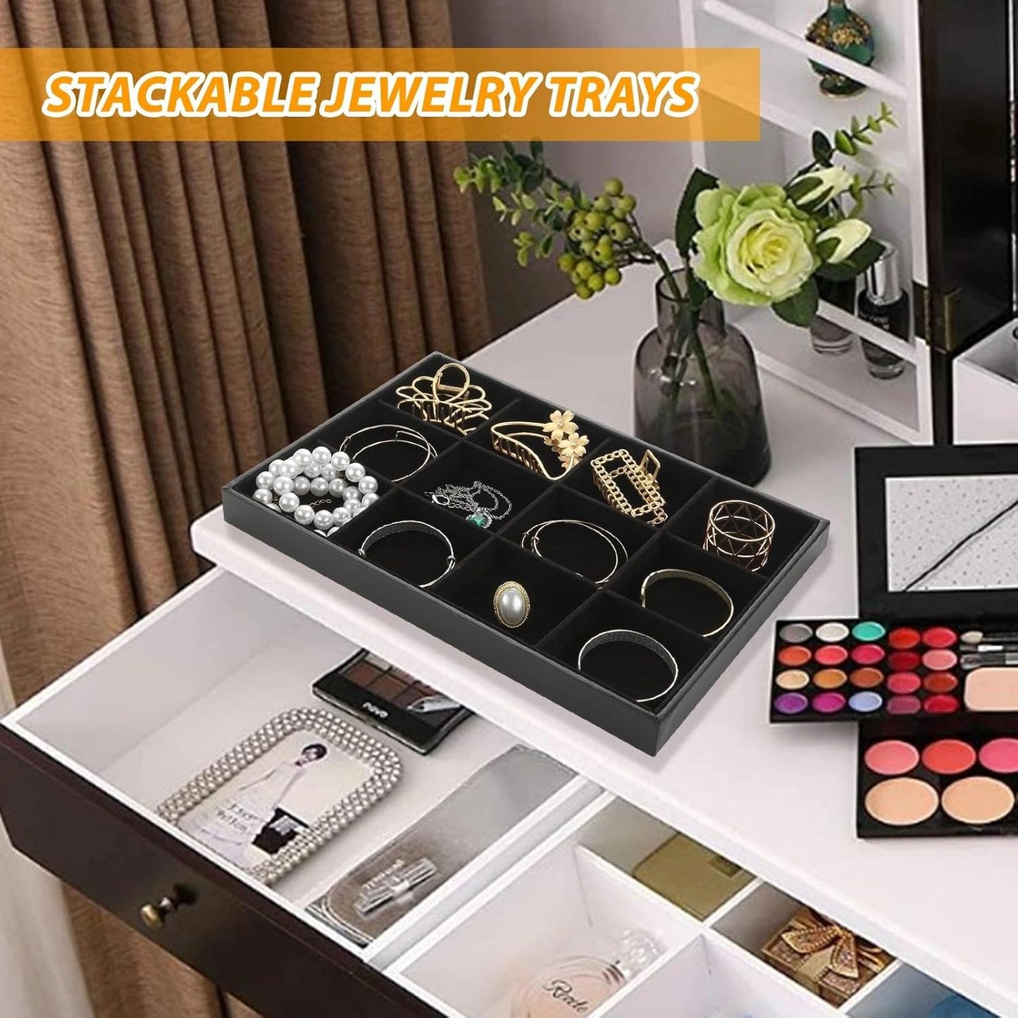 STARVAST 3 Pcs Stackable Velvet Jewelry Organizer Trays, 12 Grids Jewelry Organizers and Display Case Storage for Earrings Bracelets Necklace Rings, Jewelry Trays Drawer Insert