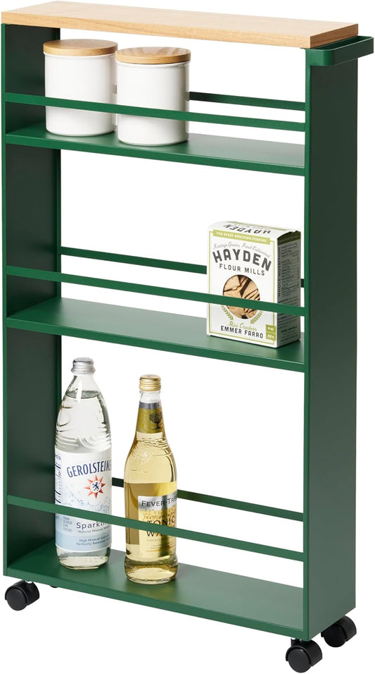 YAMAZAKI Home Slim Rolling Storage Cart – Narrow Kitchen Storage Cabinet with Handle, Slim Storage Cart with Wheels, Easy Assembly, Steel + Wood, Green