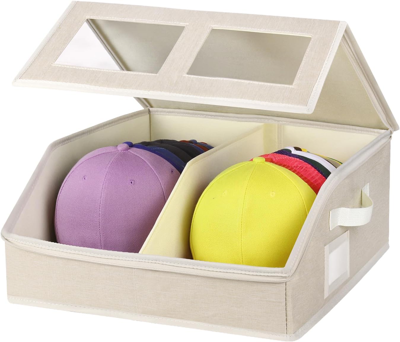 Hat Storage for Baseball Caps-Holds Up to 24 Caps, Hat Organizer for Closet Stackable Hat Box with Cardboard, Dustproof Baseball Cap Organizer with 2 Handles for Home Travel (Beige, 1 Pack)