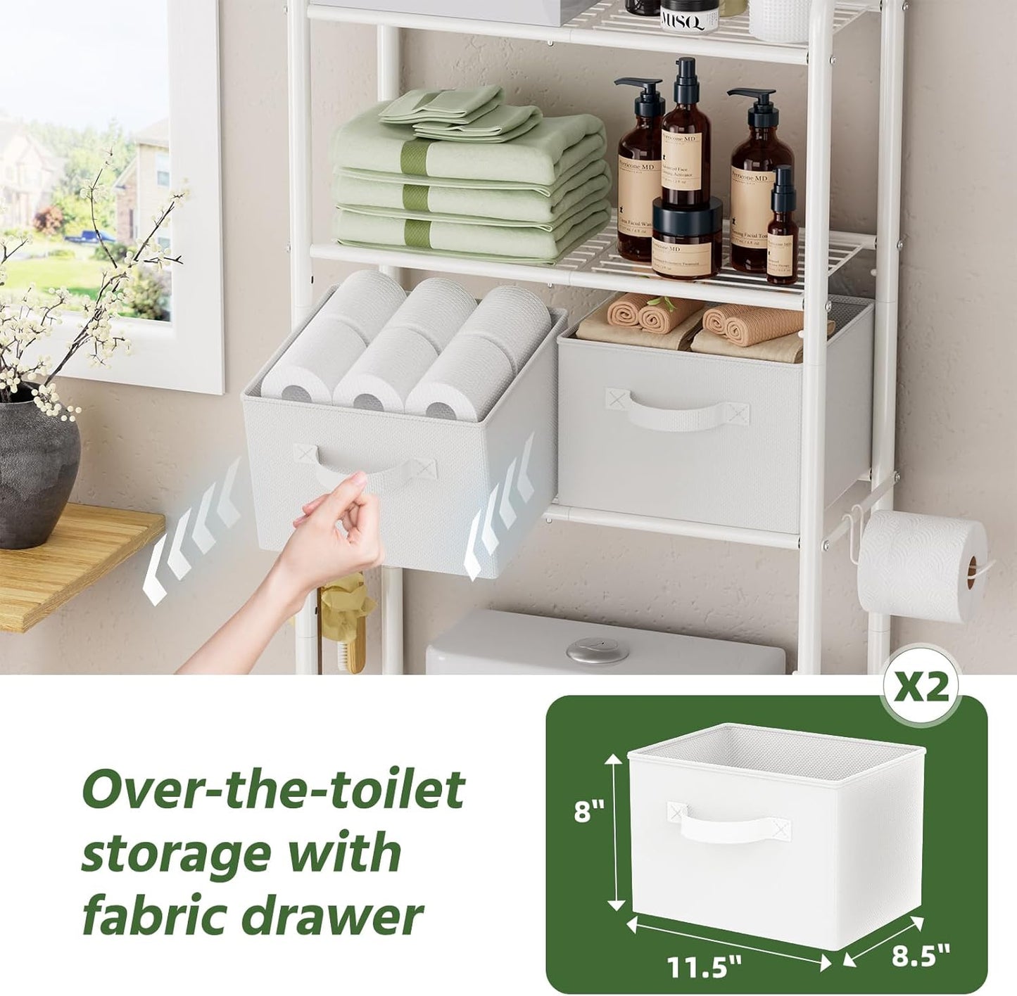 Simple Trending Over The Toilet Storage Rack with Drawers, Metal 3 Tier Bathroom Organizer Shelf with Paper Holder and 3 Hooks, White