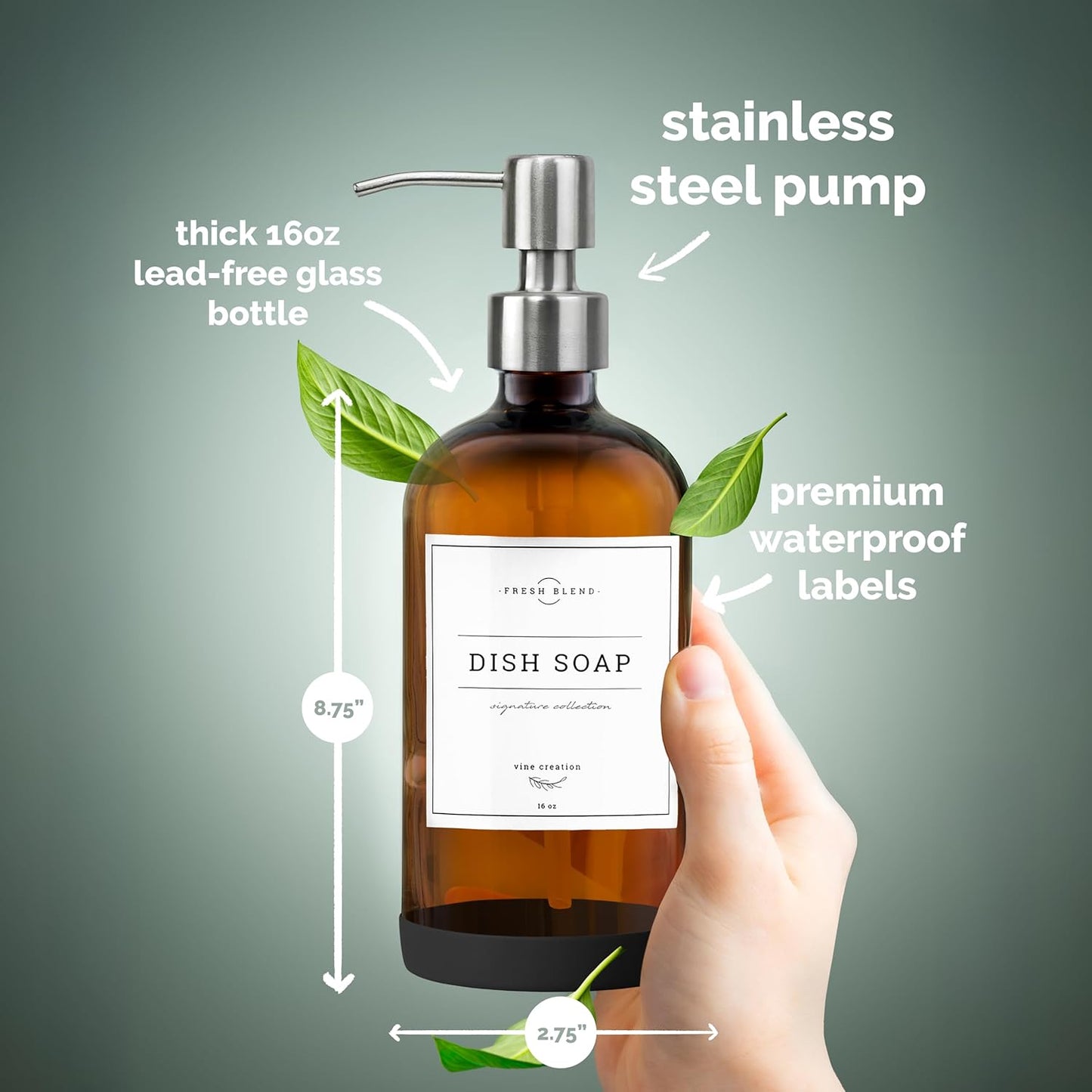 Vine Creations Amber Glass Soap Dispenser, 2 Pack Kitchen Soap Dispenser Set with Stainless Steel Pump, 16 oz Hand Soap or Dish Soap for Bathroom or Kitchen with Waterproof Labels