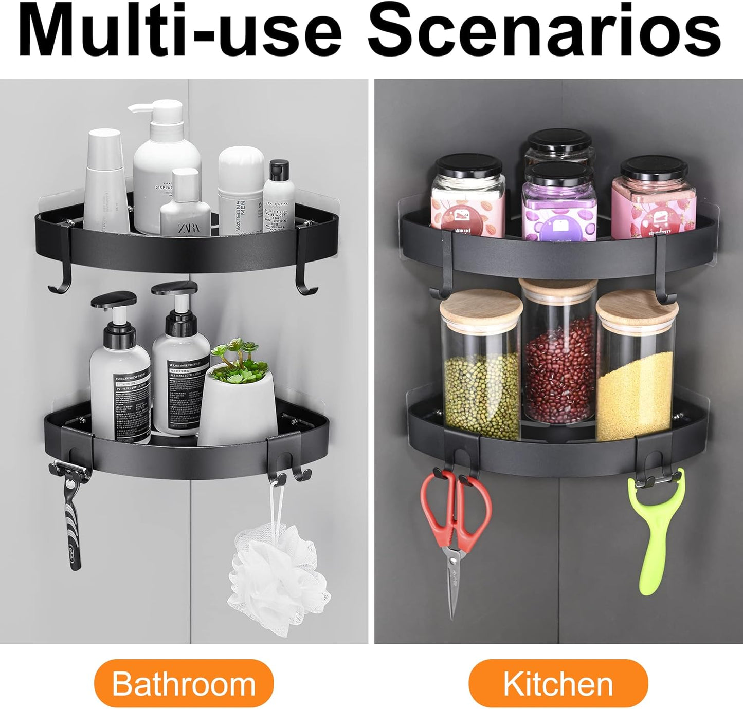 Adhesive Corner Shower Caddy with Hooks,Bathroom Shower Organizer, No Drilling Rust Proof Aluminum Shower Shelf for Inside Shower 2 Pack (Black)