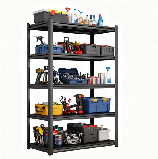 Storage Shelves, Garage Metal Shelving Unit, Adjustable, Double-Layer Column with Reinforced Ribs, Heavy-Duty, Capable of Bearing 600-3600 lbs (Balck, 63 * 39 * 20, 5-Tier)