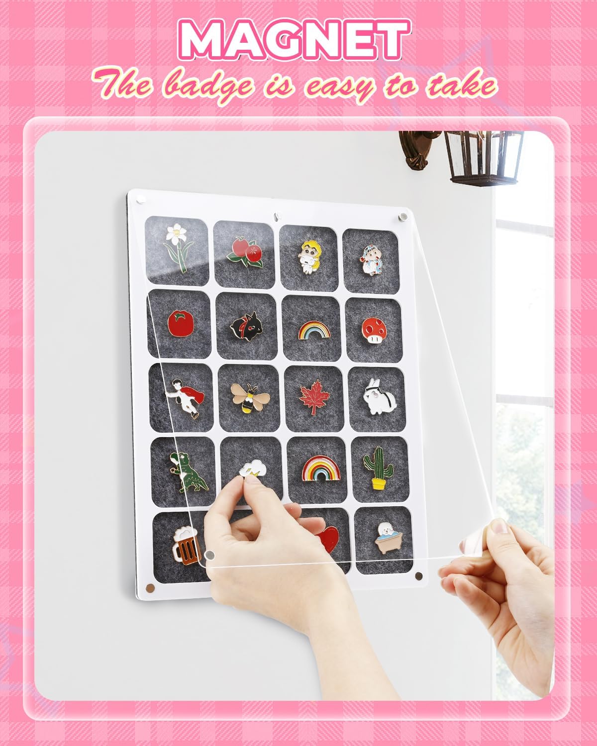UCEC 20 Grids Clear Acrylic Pin Display Board & 50 PCS Rubber Pin Backs, Pins Organizer Board Enamel Pin Board Display Case, Dust-Free Pin Collection Display, Tabletop & Wall Pin Holder Display