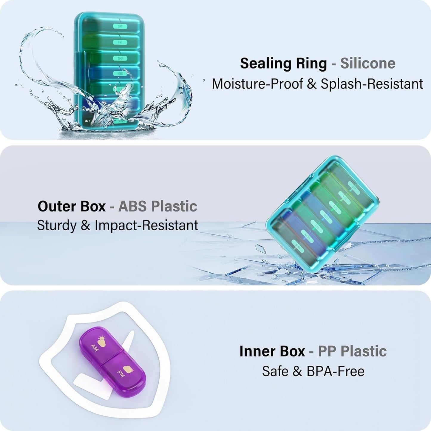 Weekly Pill Organizer 2 Times a Day, 7 Day Pill Box 2 Times, Portable for Travel Pill Case for Pills/Vitamin/Fish Oil/Medication/Supplements (2x7 Blue+Rainbow)
