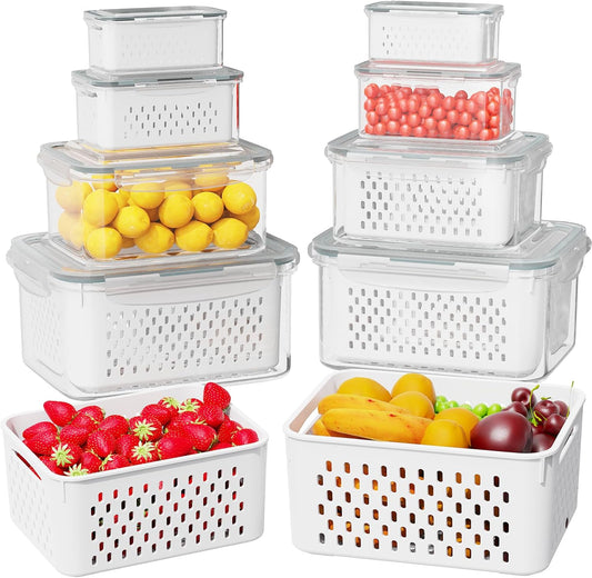 8 Pcs Fruit Storage Containers for Fridge (with Drain Basket) - Leak-Proof Food Containers, BPA-Free, Keep Fruits, Vegetables, Berries, and Meats Fresh for a Long Time, Dishwasher and Microwave Safe