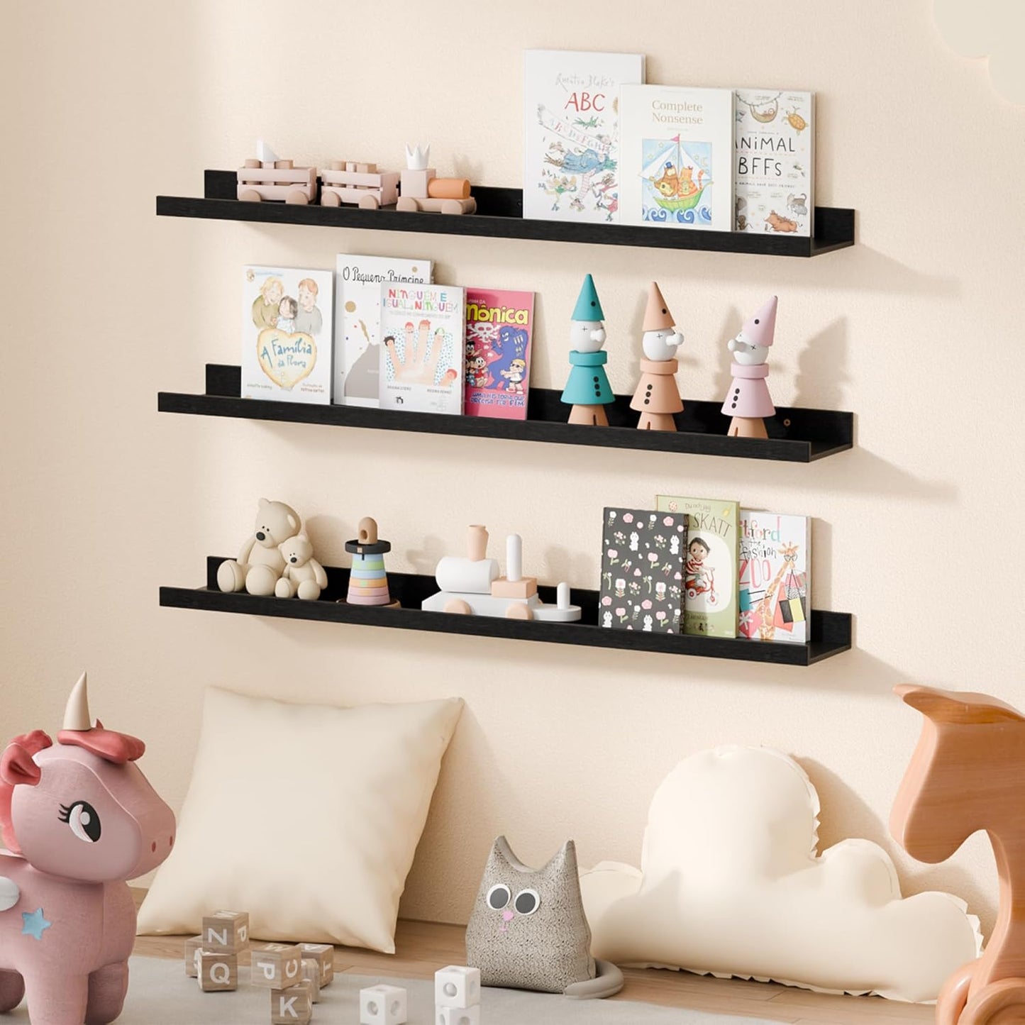 upsimples Floating Shelves for Wall, 35.5 Inch Shelves for Decor Storage Set of 6, Wall Mounted Wood Shelf for Bedroom, Living Room, Bathroom, Kitchen, Long Picture Ledge Shelves, Black