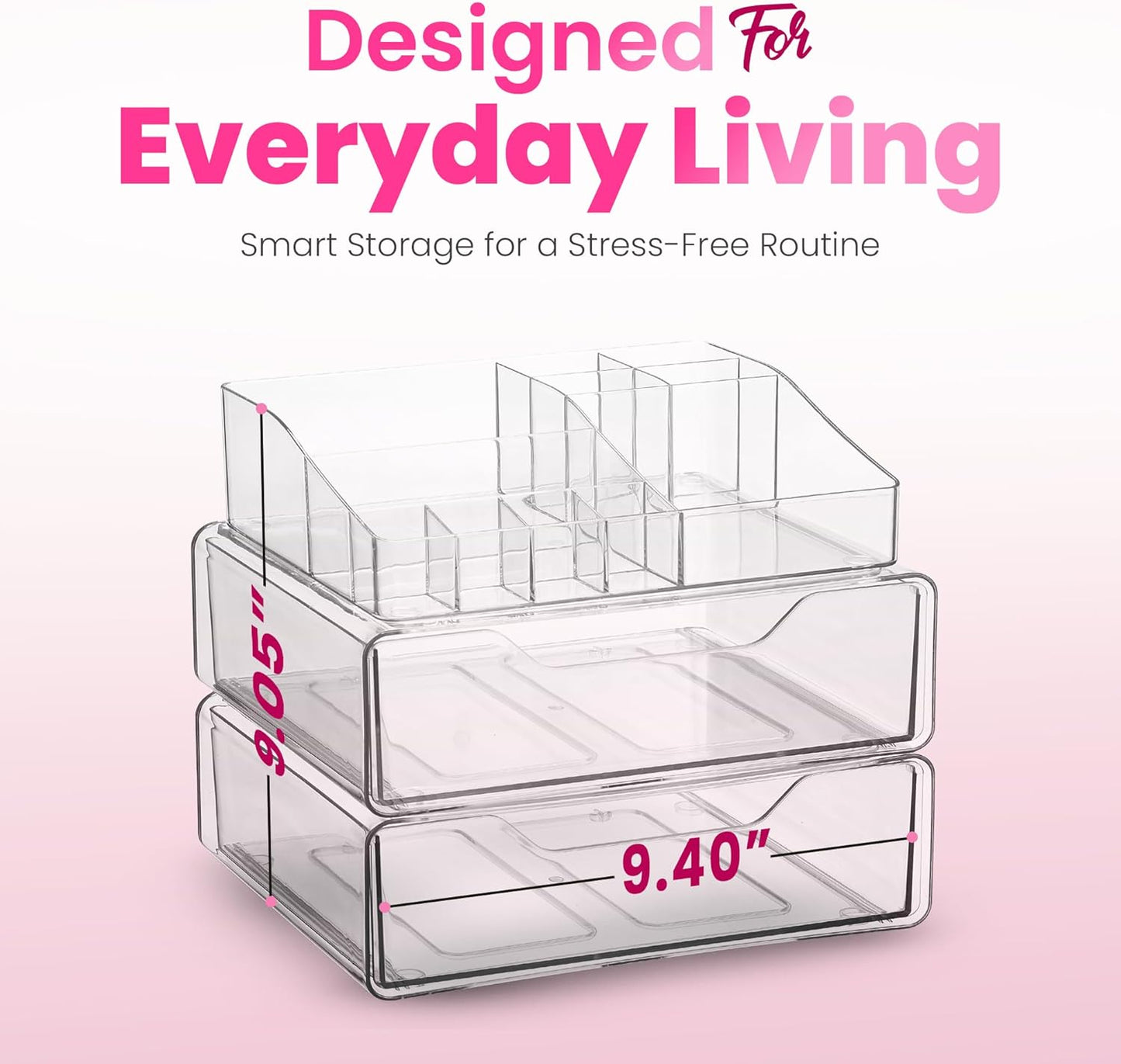 Clear Makeup Organizer - Acrylic Cosmetic Vanity Storage Organizers for Girls Dresser, Bathroom, Desk Counter - Plastic Make Up Holder, Jewelry Box (2-Drawer | Multi Compartments)
