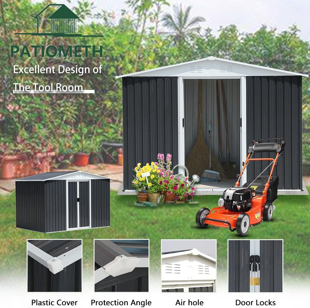 8' x 6' Outdoor Metal Storage Shed Outdoor Shed Galvanized Steel Garden Shed with Sliding Door and Window for Ventilation Storage Sheds House for Backyard Garden