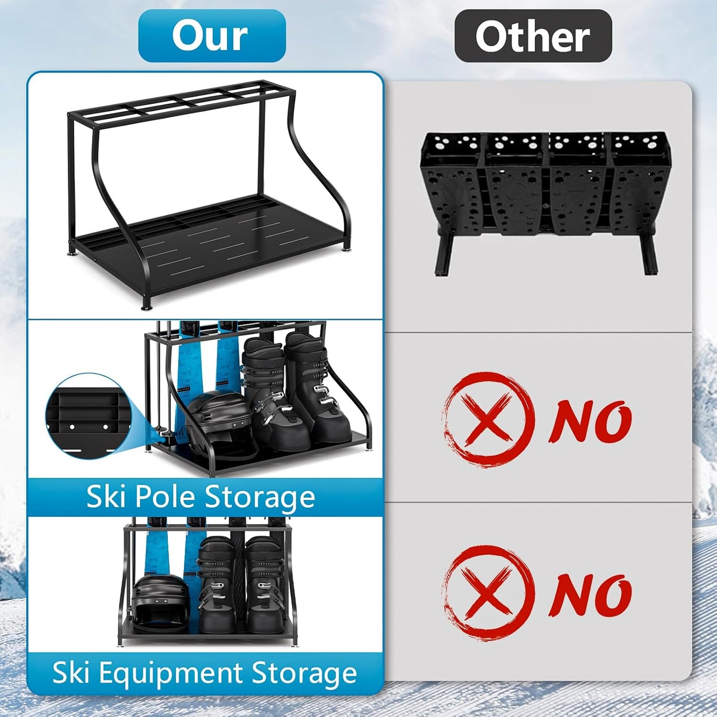 Ski Storage Rack-Holder Garage - Freestanding Ski Equipment Organizer Ski Boot Snowboard Rack Stand Snow Gear Storage