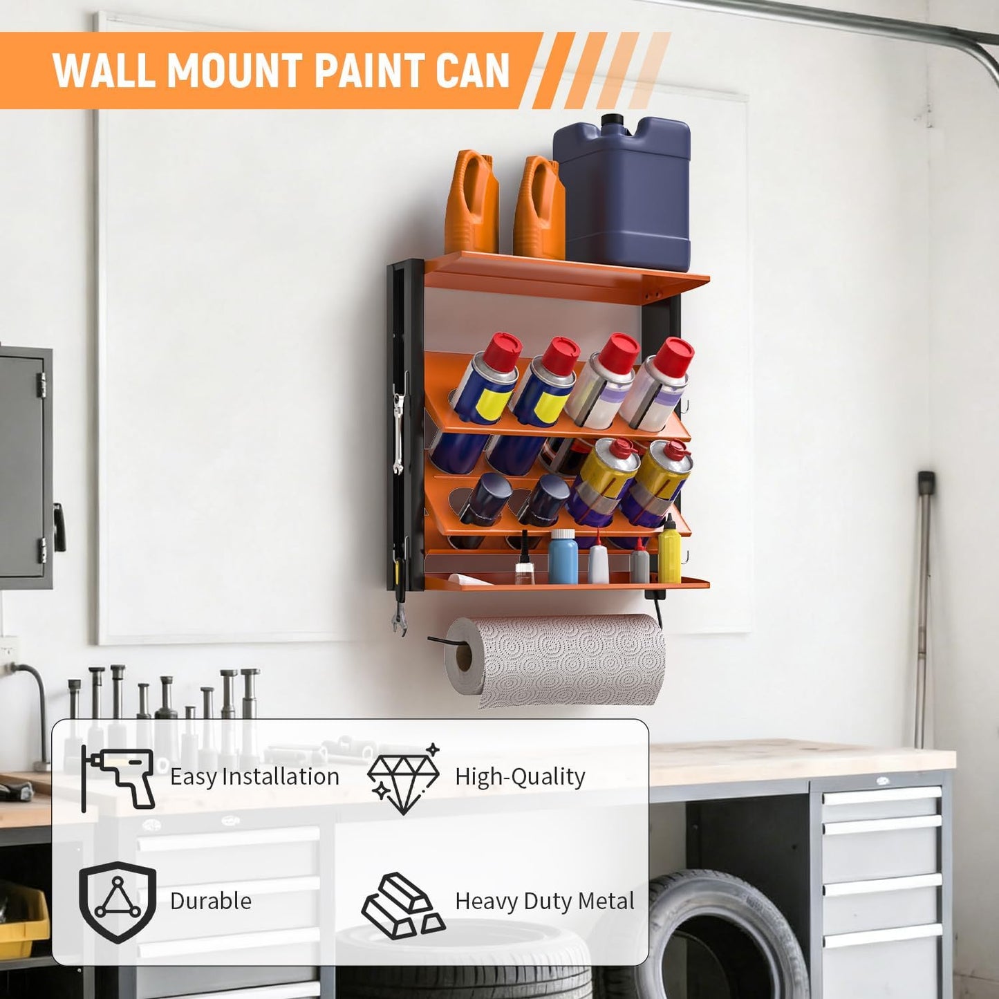 Spray Bottle Holder Wall-Mounted, Aerosol Spray Can Holder, Heavy Duty Paint Bottle Organizer with 8 Can Holes 80 LBS, Utility Storage Rack with Paper Towel Holder for Garage, Shop or Tool Trailer