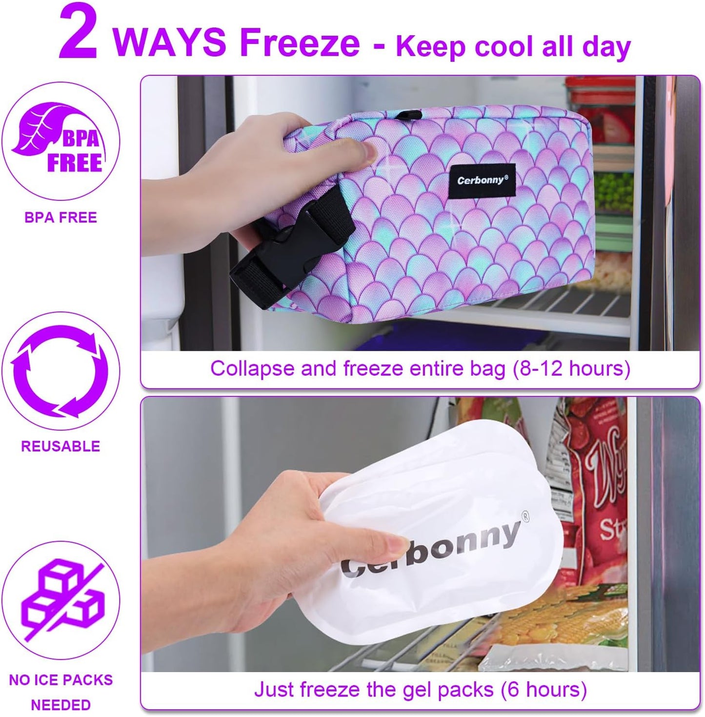 Cerbonny Freezable Cooler Bag for Work/School/Travel - Kids/Adult Size, Fit Snacks & Yogurt - Purple Fish Design
