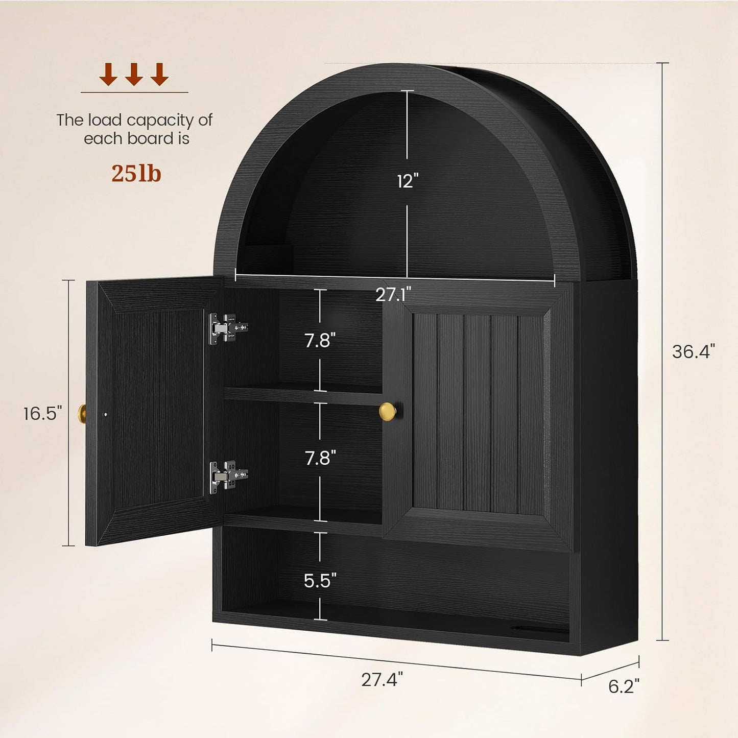 Arched Bathroom Wall Cabinet, 27.4 x 36.4'' Over The Toilet Cabinet with Grille Door, Adjustable Shelf, Wall Mounted Cabinets for Bathroom Laundry Room Kitchen (Black, 36IN)