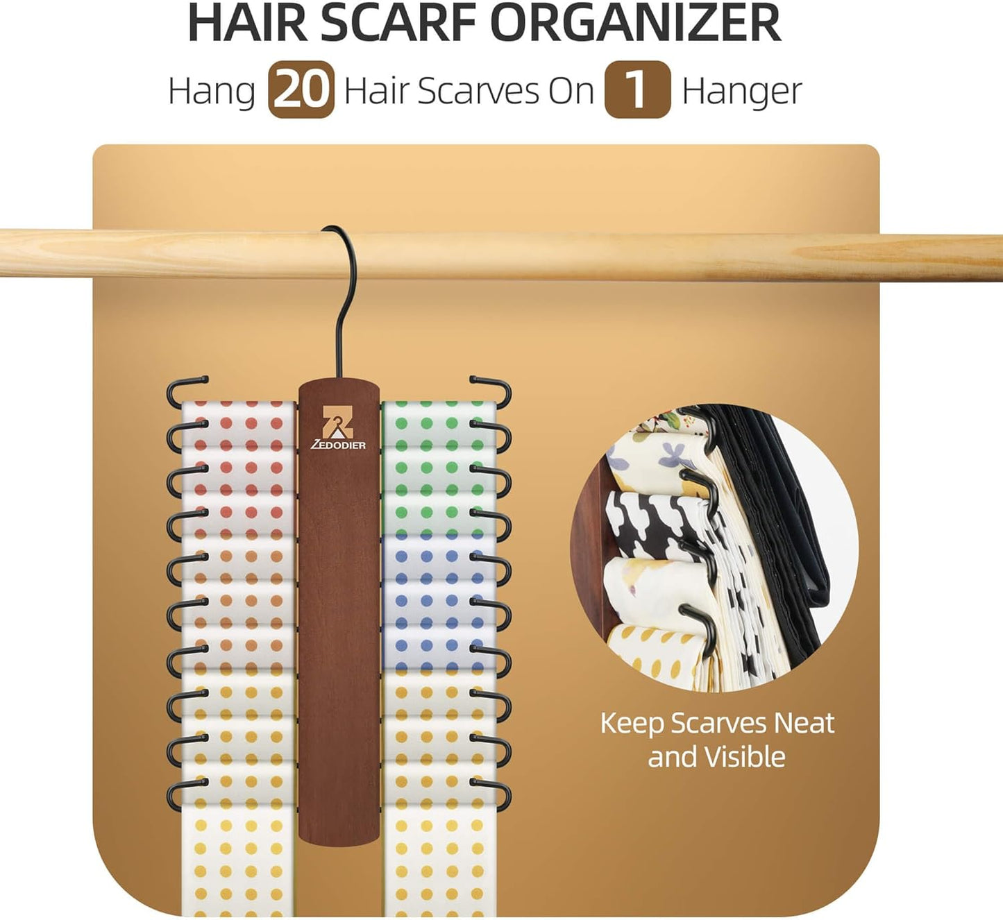 ZEDODIER 2 Packe Wooden Tie Rack, Tie Hanger for Men Closet, 40 Storage Capacity, Non-Slip Rotatable Tie Organizer, Hanging Space Saving Holder, Vintage