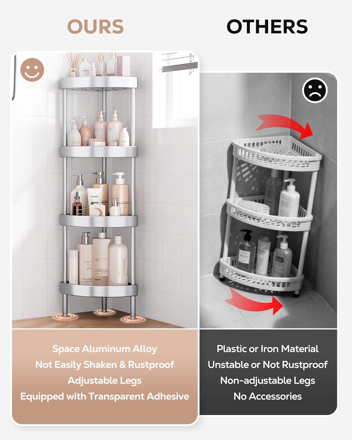 Nieifi Corner Shower Caddy Stand-4 Tier Rustproof Anodized Aluminum Standing Shower Organizer-Shower Caddy Corner-Dual Stability to Anti-Shaking-Height-Adjustable Legs for Uneven Surfaces-Silver