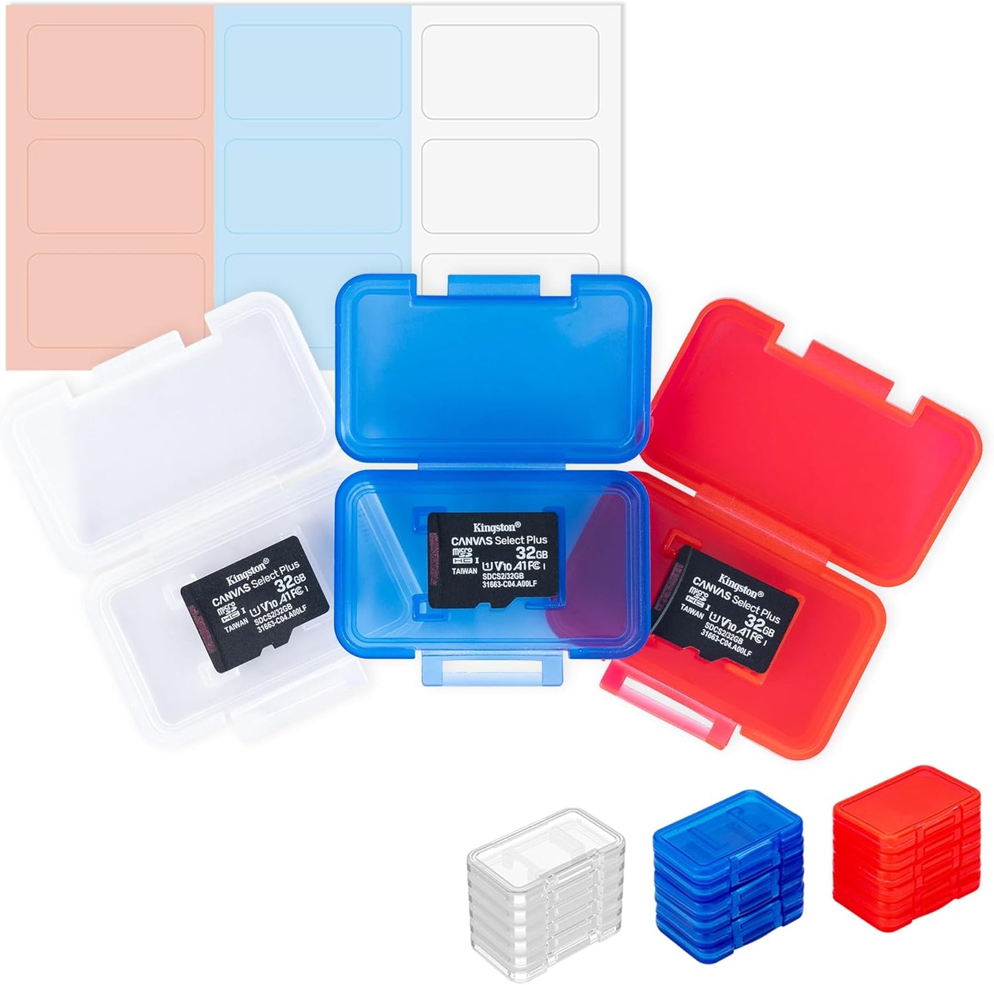 Kiorafoto 18 PCS Multi-Color Clear Plastic Memory Card Holder Case for 18 Micro SD SDXC SDHC TF Cards, Transparent MicroSD MSD Memory Card Case Storage Organizer with Labels