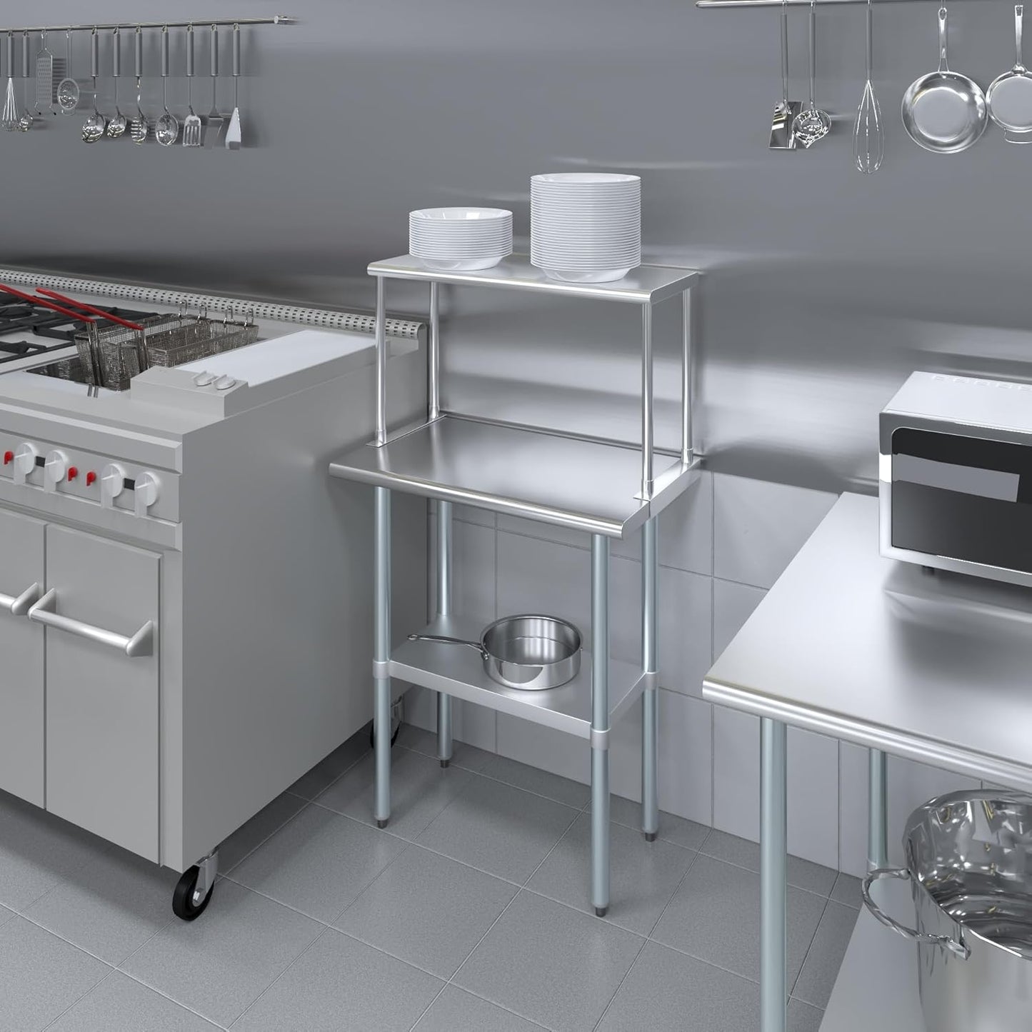Stainless Steel Work Table with Wide Single Tier Overshelf | Metal Kitchen Prep Table & Shelving Combo (18" x 30" Work Table + 12" Overshelf)