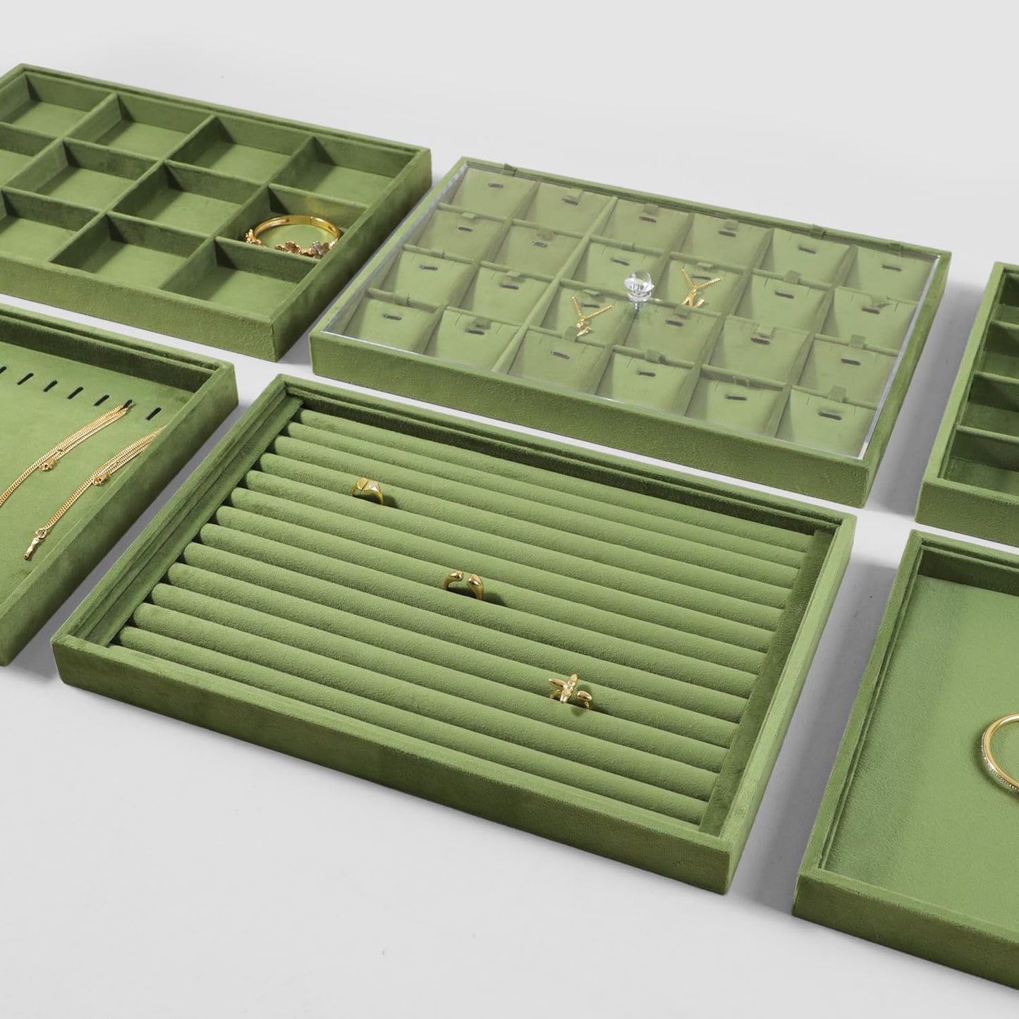 Velvet Ring Display Tray, Stackable Muilt Slot Rings Ear Stud Storage Tray, Drawer Insert Jewelry Accessories Organizers Plate (Olive Green)